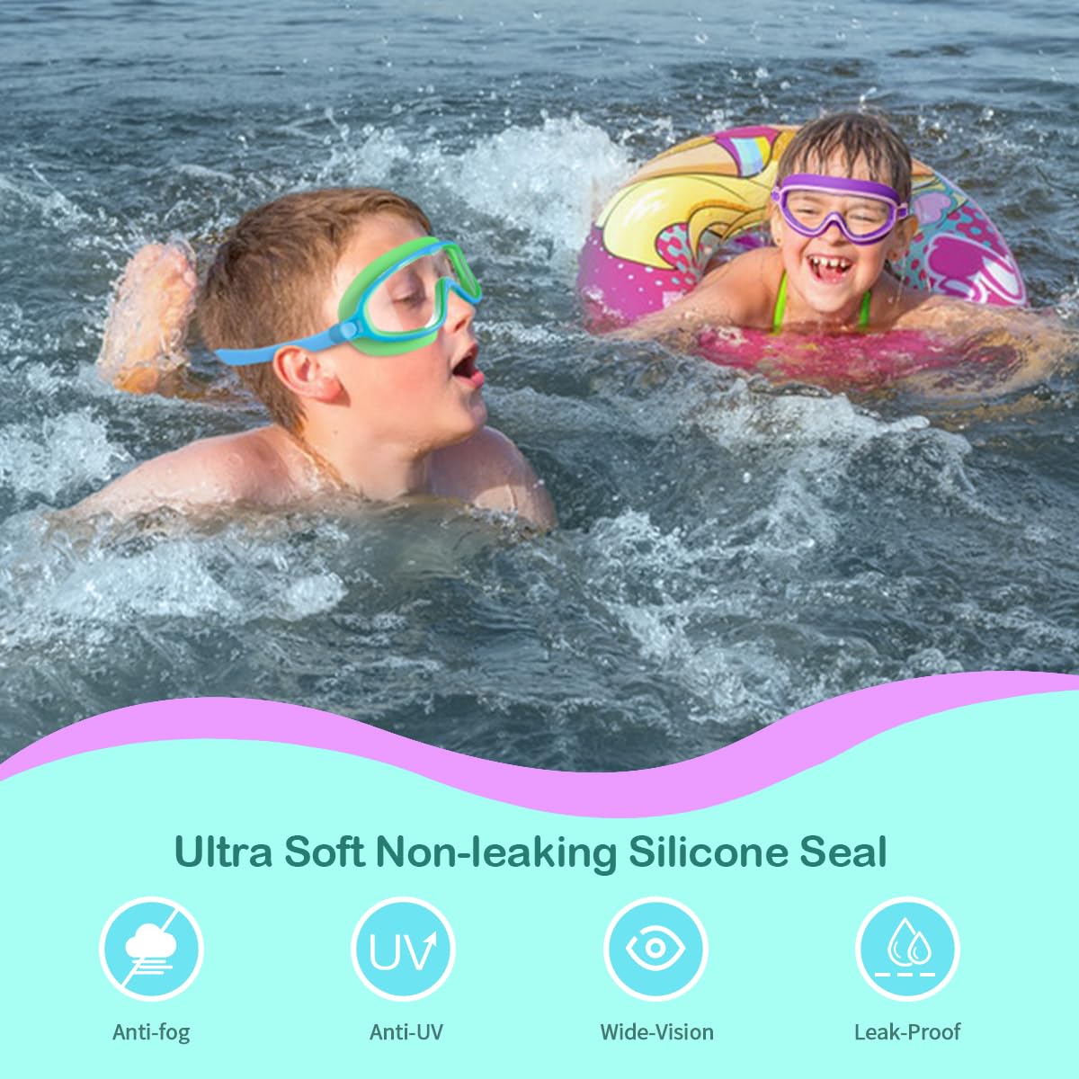 Seago Swim Goggles 2 Pack Anti-Fog Anti-UV Wide View Swimming Goggles for Kids 3-15
