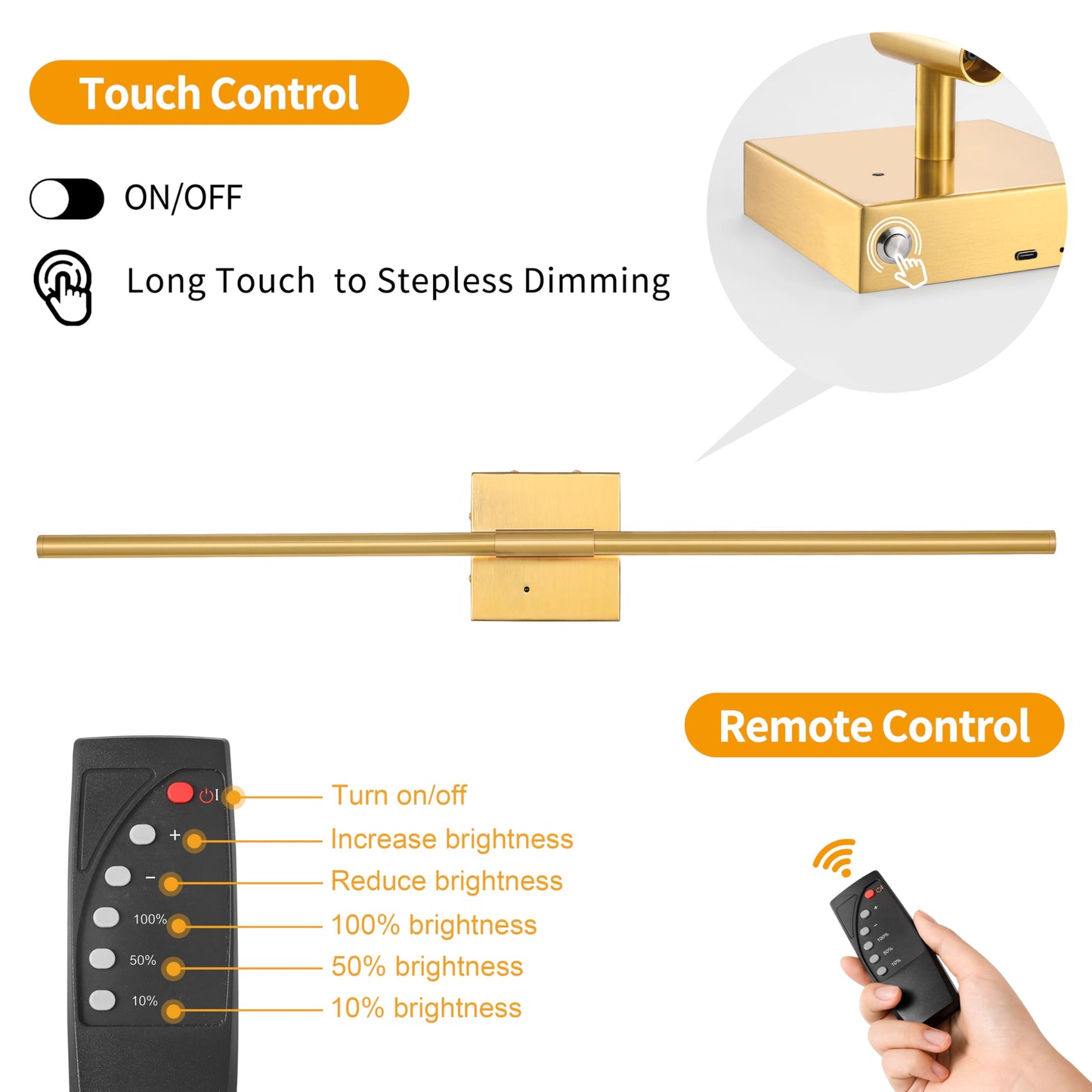 Battery Operated Wall Sconces Set of 2, Dimmable Battery Wall Sconce with Remote Control, Black Gold LED Rechargeable Sconces, 24 Inch Modern Wireless Wall Lights for Bedroom, Living Room