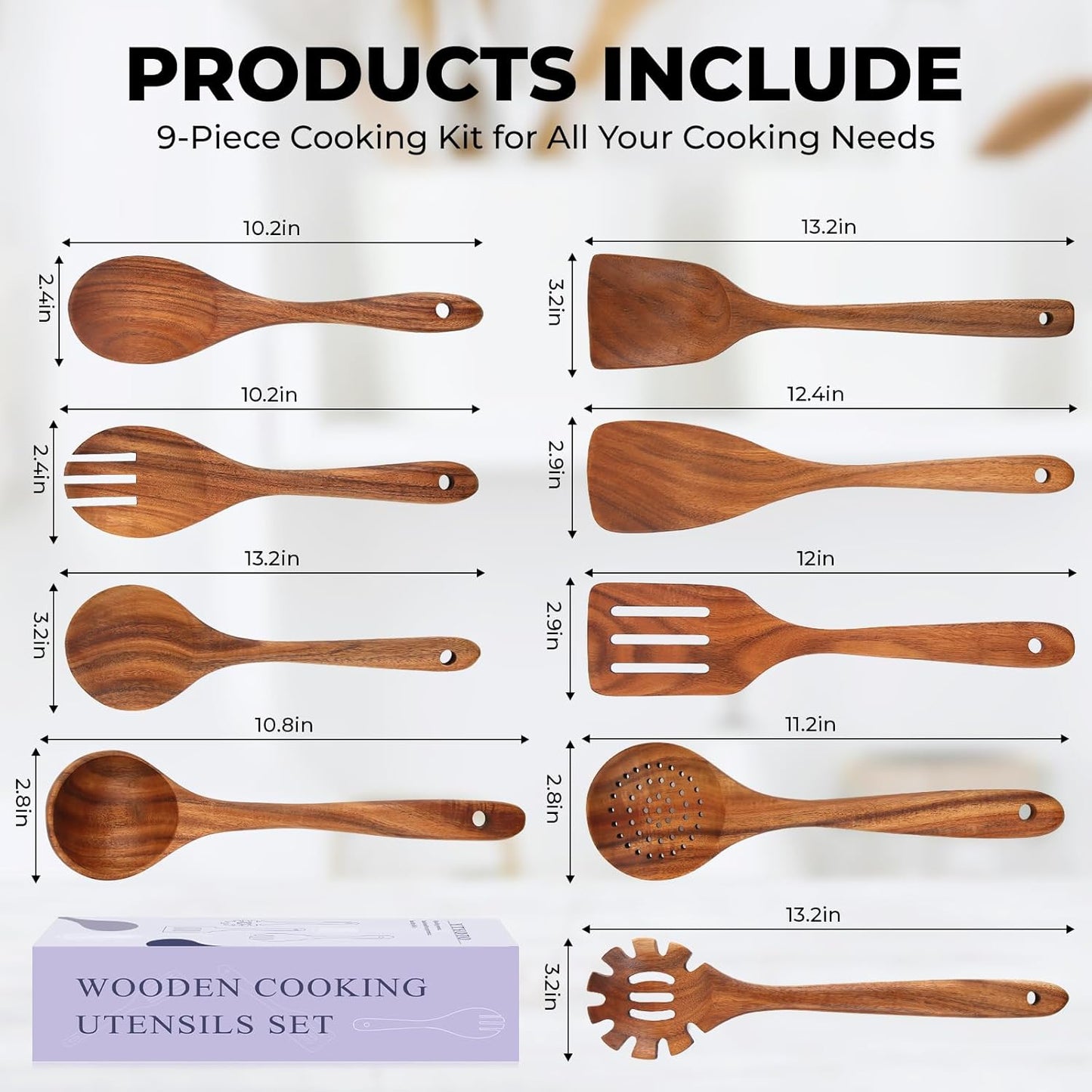 Teak Wooden Spoons for Cooking, Natural Solid Wooden Kitchen Cooking Utensils, Essential Wooden Kitchen Tools(9Pcs)