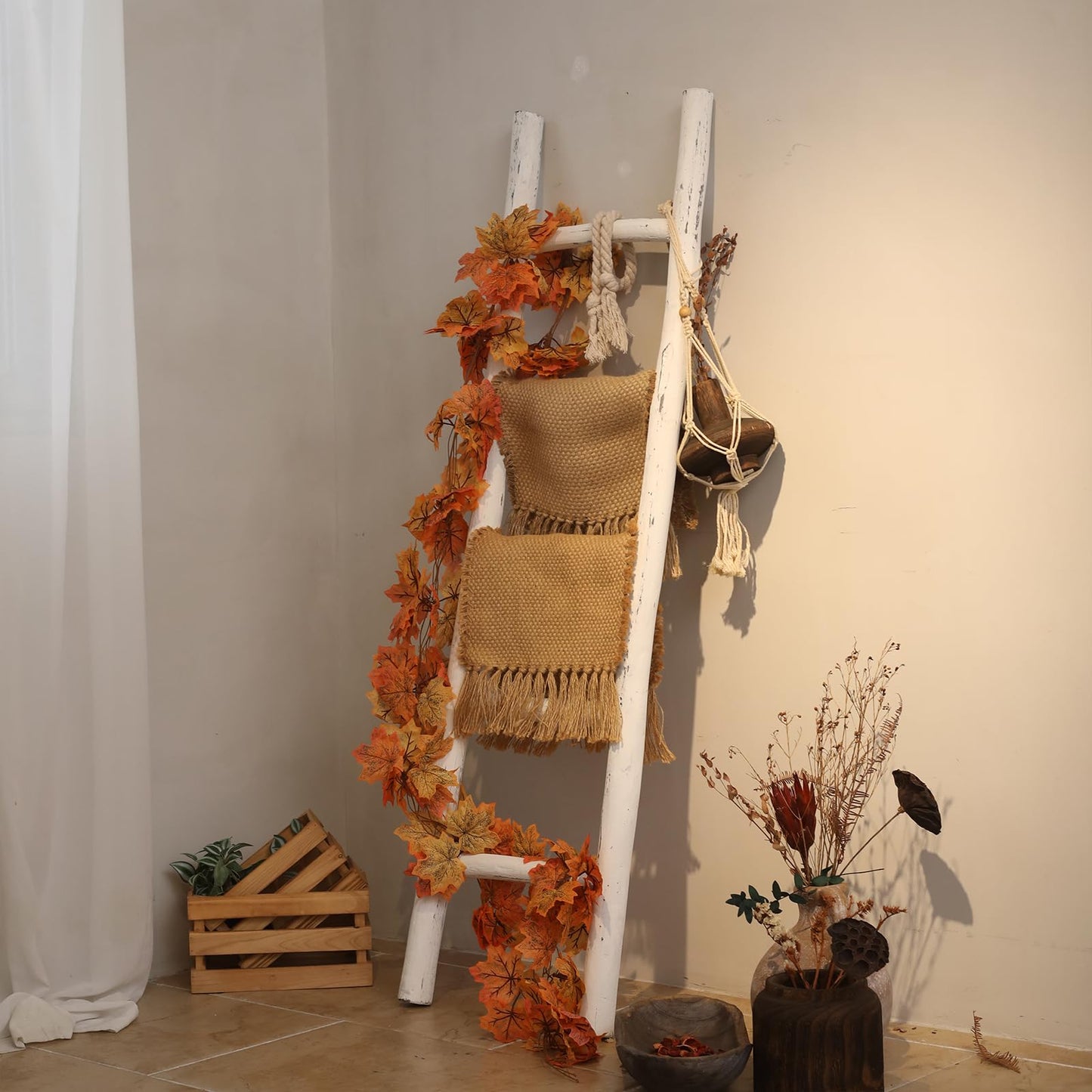 FUIN Fully Assembled 57in Wood Blanket Ladder Living Room Decorative Wall Leaning Farmhouse Quilt Display Holder Rustic Wooden Towel Rack for Bathroom, Unfinished