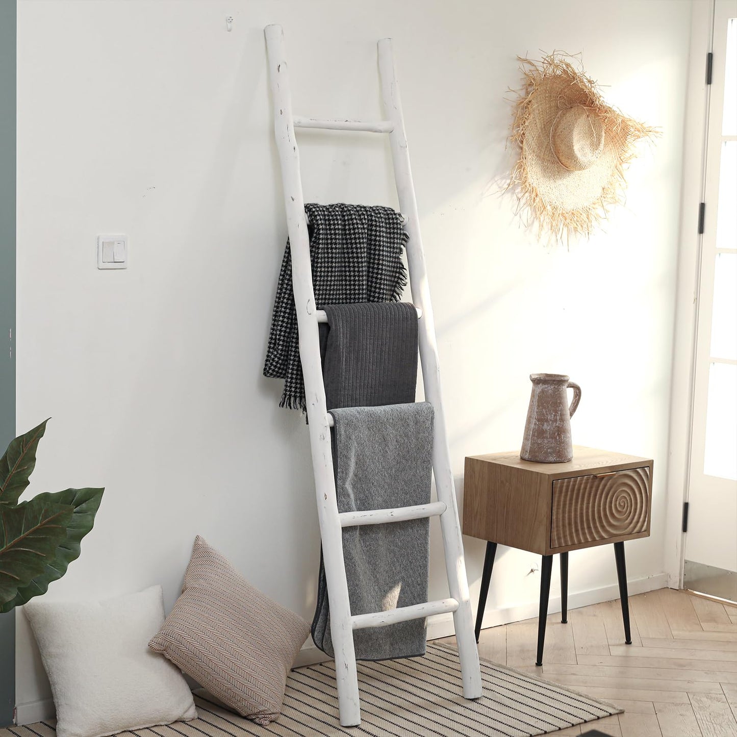 FUIN Fully Assembled 57in Wood Blanket Ladder Living Room Decorative Wall Leaning Farmhouse Quilt Display Holder Rustic Wooden Towel Rack for Bathroom, Unfinished