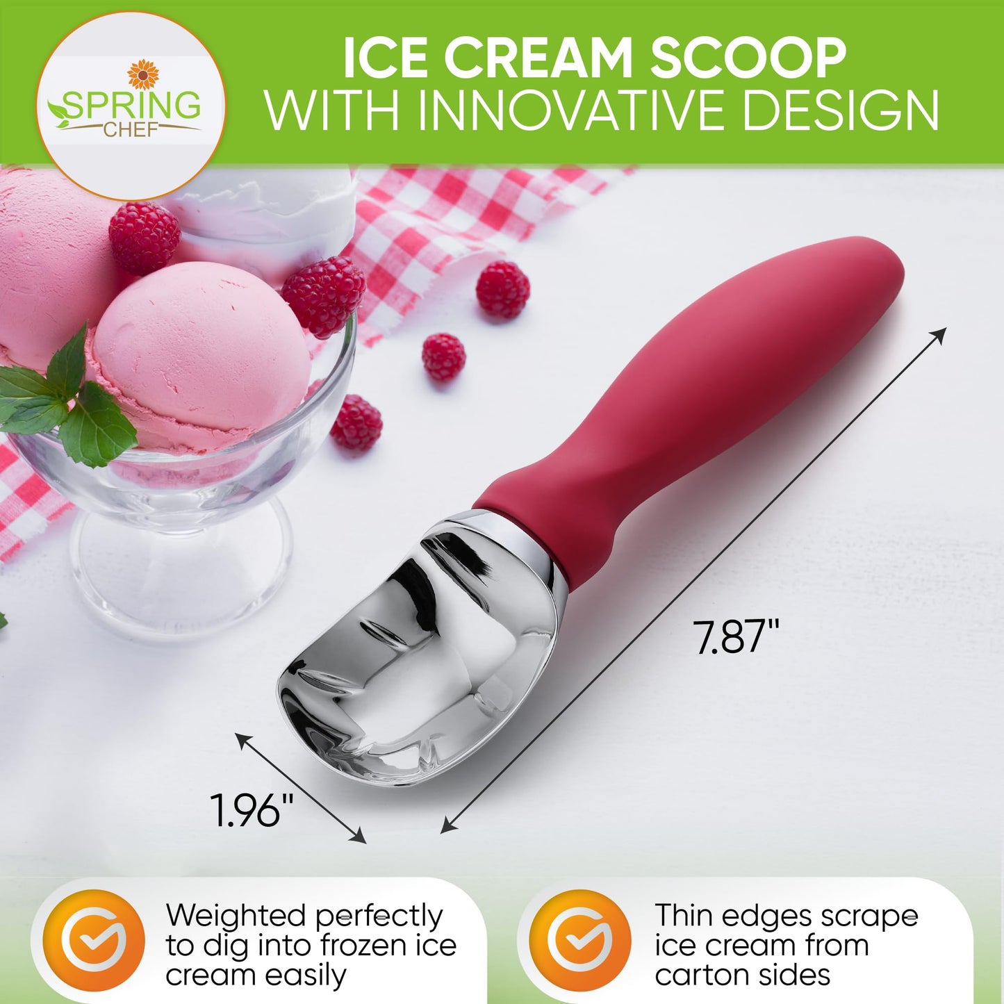 Spring Chef Heavy Duty Ice Cream Scoop with Comfortable Handle - Professional Ice Cream Scooper for Gelato, Sorbet, Cookie Dough, Melon, Frozen Yogurt - Dishwasher Safe Metal Kitchen Tool - Black