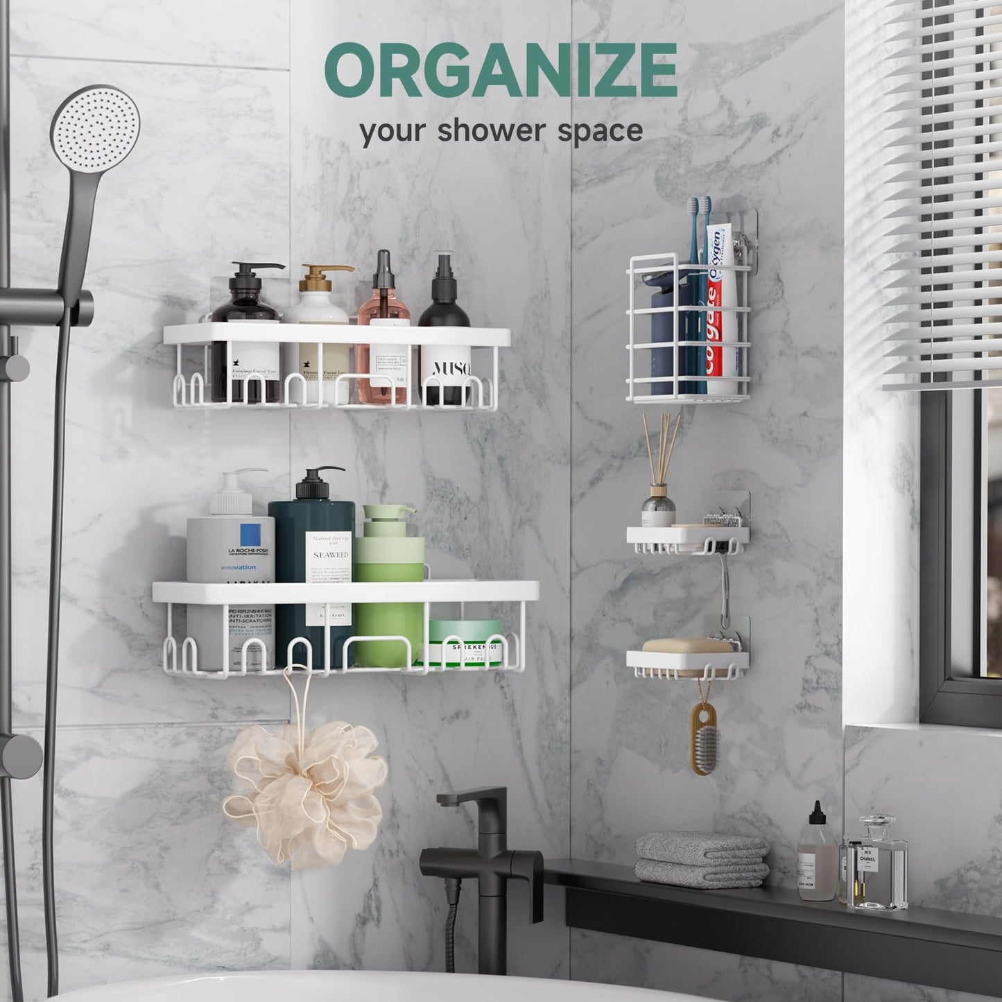 Veken Stainless Steel Shower Caddy 6-Pack, No Drilling & Rustproof, Waterproof Adhesive Shelves Rack with Soap Holder, Large Capacity Bathroom Organizers and Storage, Wall-Mounted Kitchen & Home Decor