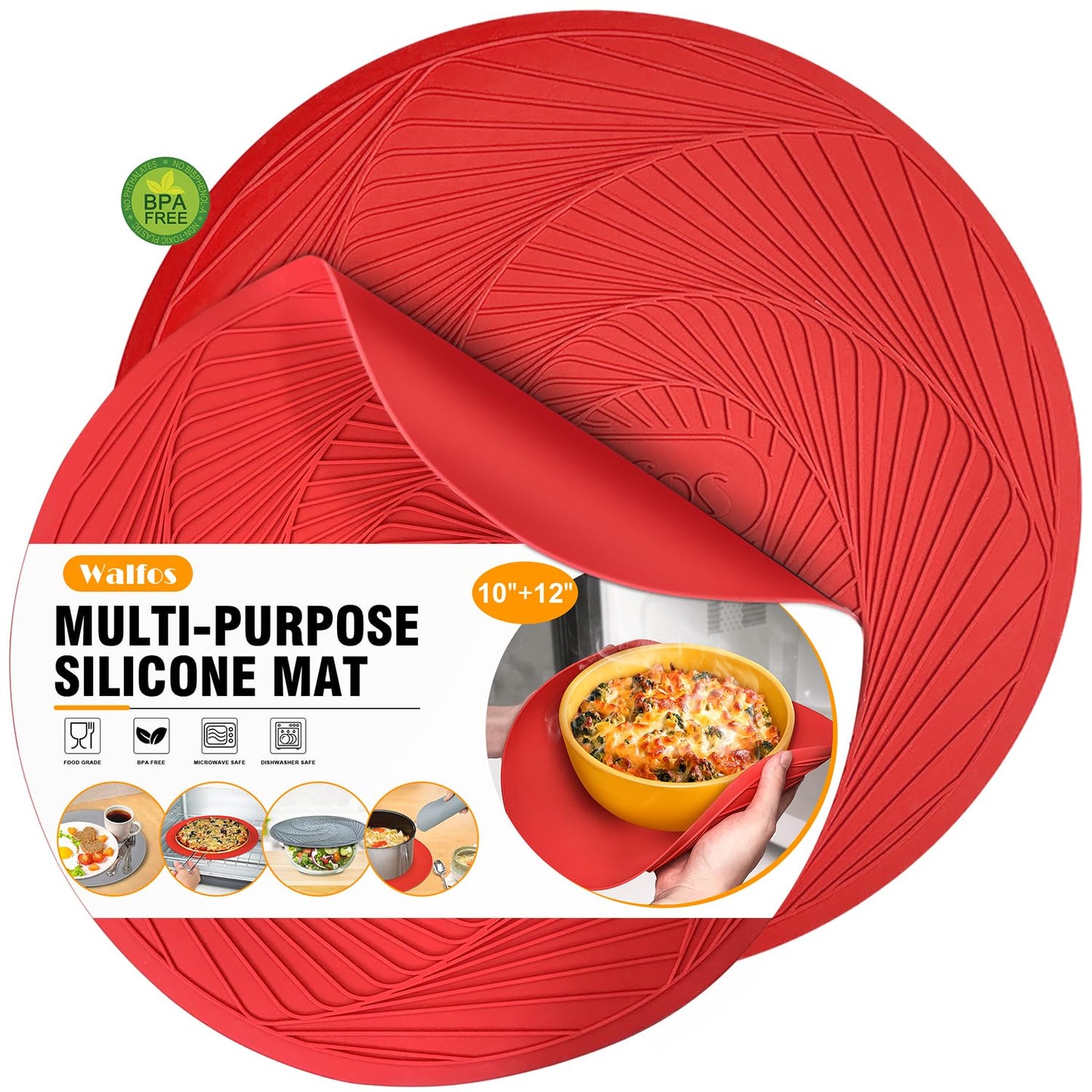 Walfos Silicone Trivet Mats - 4 Heat Resistant Pot Holders, Multipurpose Non-Slip Hot Pads for Kitchen Potholders, Hot Dishers, Jar Opener, Spoon Holder, Food Grade Silicone & BPA Free (Black)