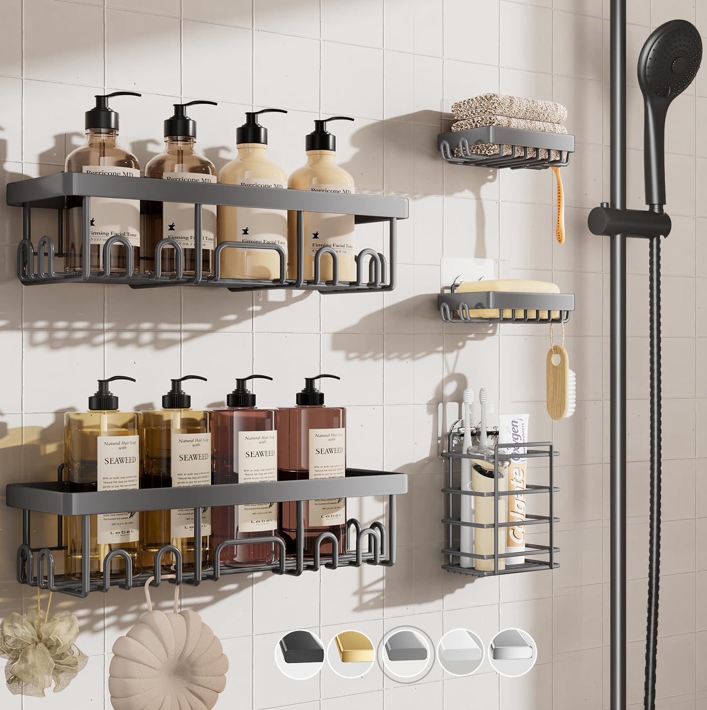 Veken Stainless Steel Shower Caddy 6-Pack, No Drilling & Rustproof, Waterproof Adhesive Shelves Rack with Soap Holder, Large Capacity Bathroom Organizers and Storage, Wall-Mounted Kitchen & Home Decor