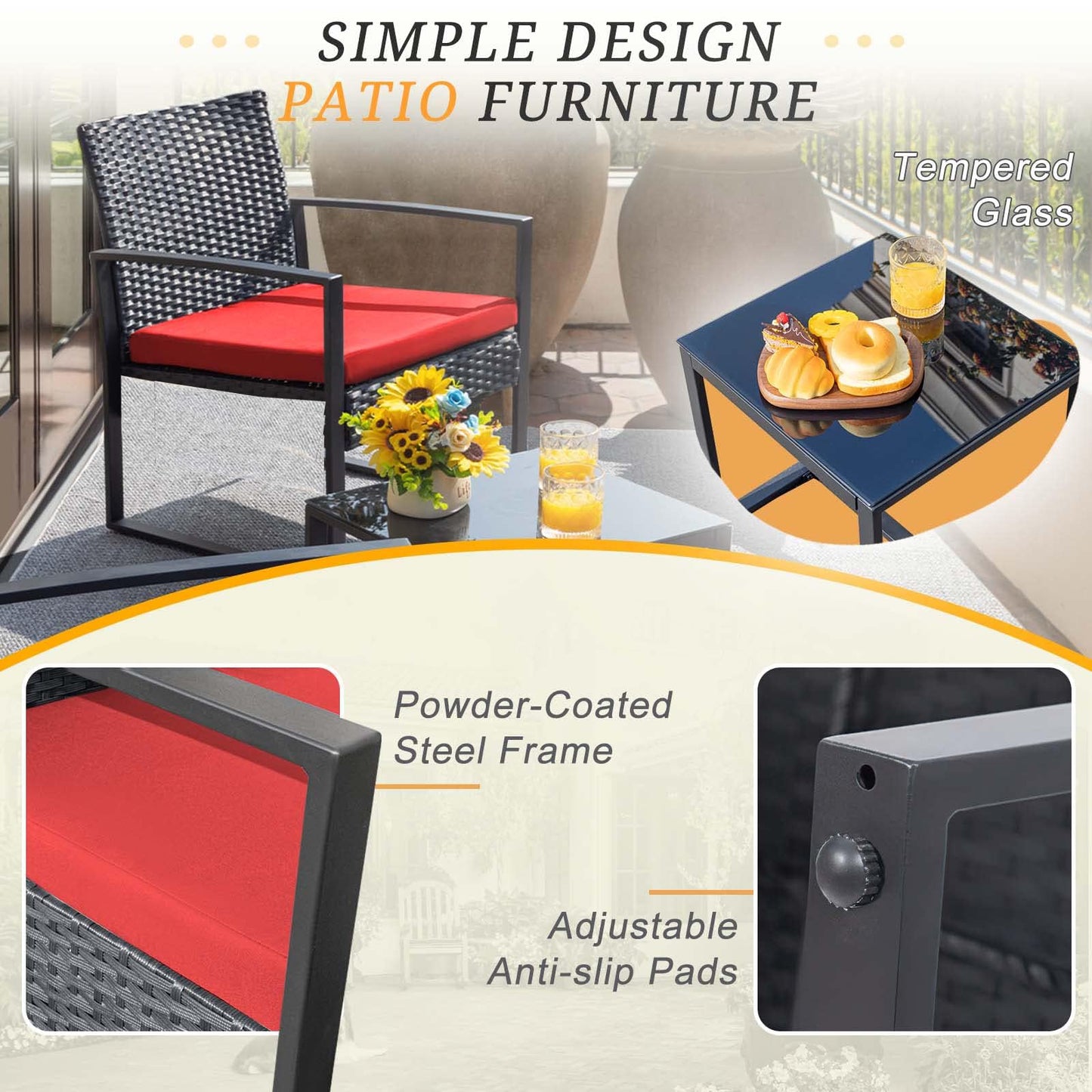 Flamaker 3 Pieces Patio Set Outdoor Wicker Furniture Sets Modern Rattan Chair Conversation Sets with Coffee Table for Yard and Bistro (Black)