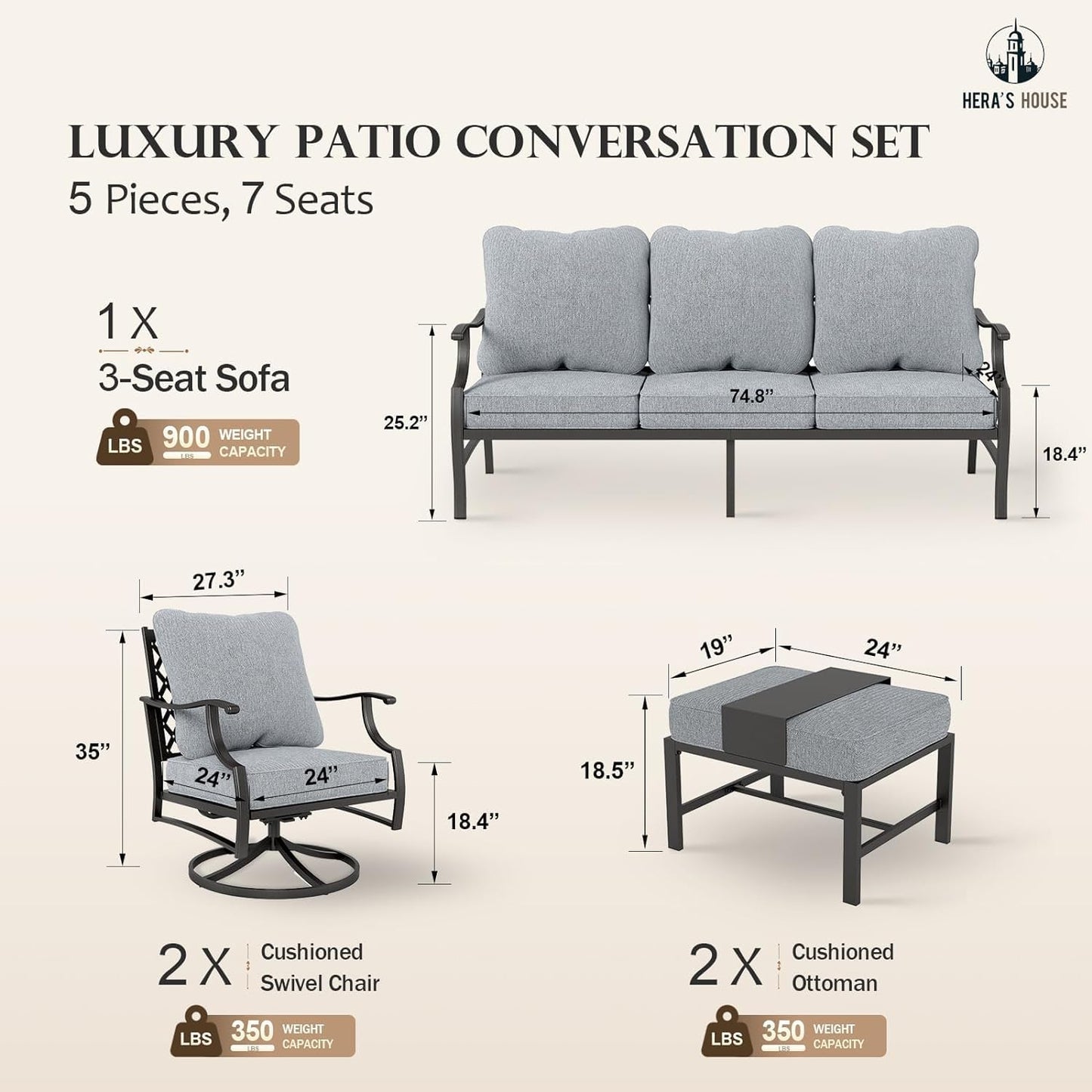 HERA'S HOUSE 7 Piece Patio Furniture Set, 2 x Rocking Chair, 2 x Fixed Chair, 2 x Ottoman, 1 x 3-Seat Sofa, All Cushioned 9 Seats Outdoor Conversation Set for Lawn Garden Backyard