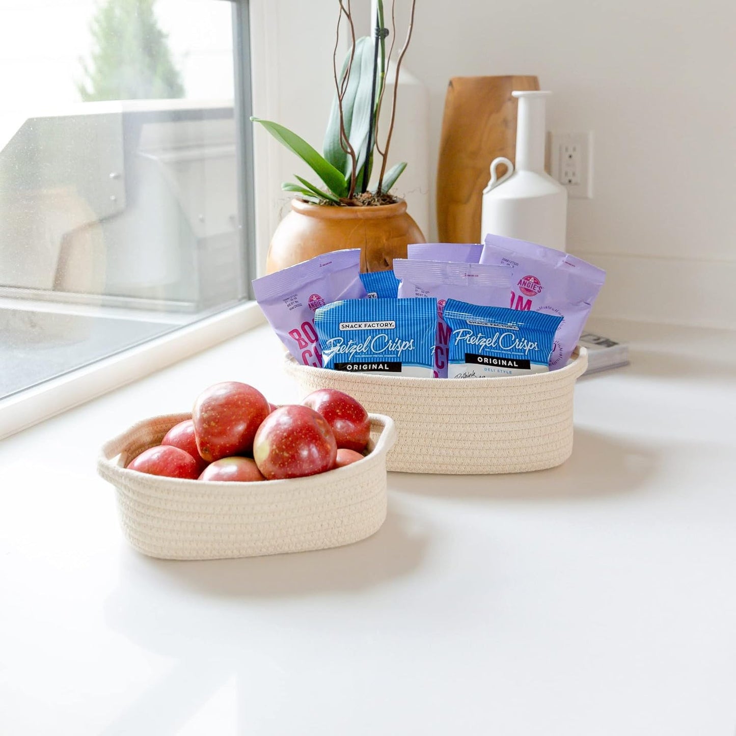 NaturalCozy 5-Piece Rectangle Storage Basket Set- Natural Cotton Rope Woven for Organizing! Small Basket for Montessori, Baby Nursery, Dog Toy Baskets, Cat Toy Box, Bathroom Organization Bin
