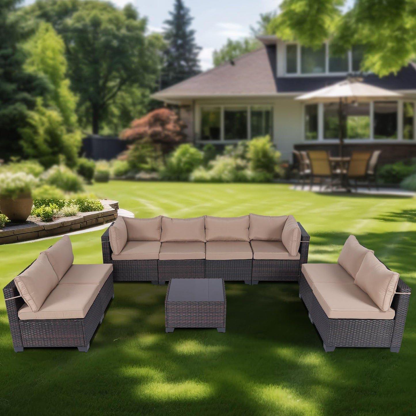 LEVELEVE 7 Pieces Outdoor Patio Furniture Sets,Rattan Conversation Sectional Set,Manual Weaving Wicker Patio Sofa with Tea Table