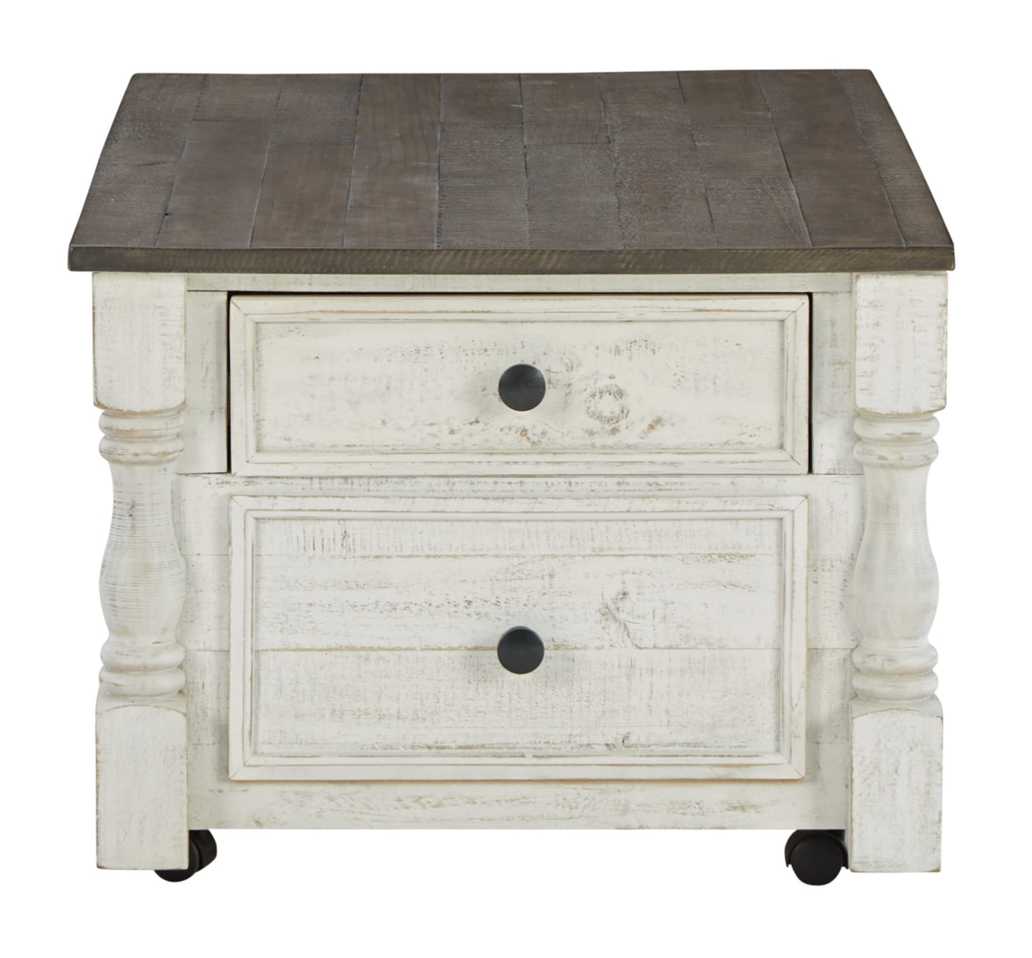 Signature Design by Ashley Havalance Farmhouse Lift Top Coffee Table with Fixed Shelf and 2 Hidden Storage Trays, Gray & White with Weathered Finish