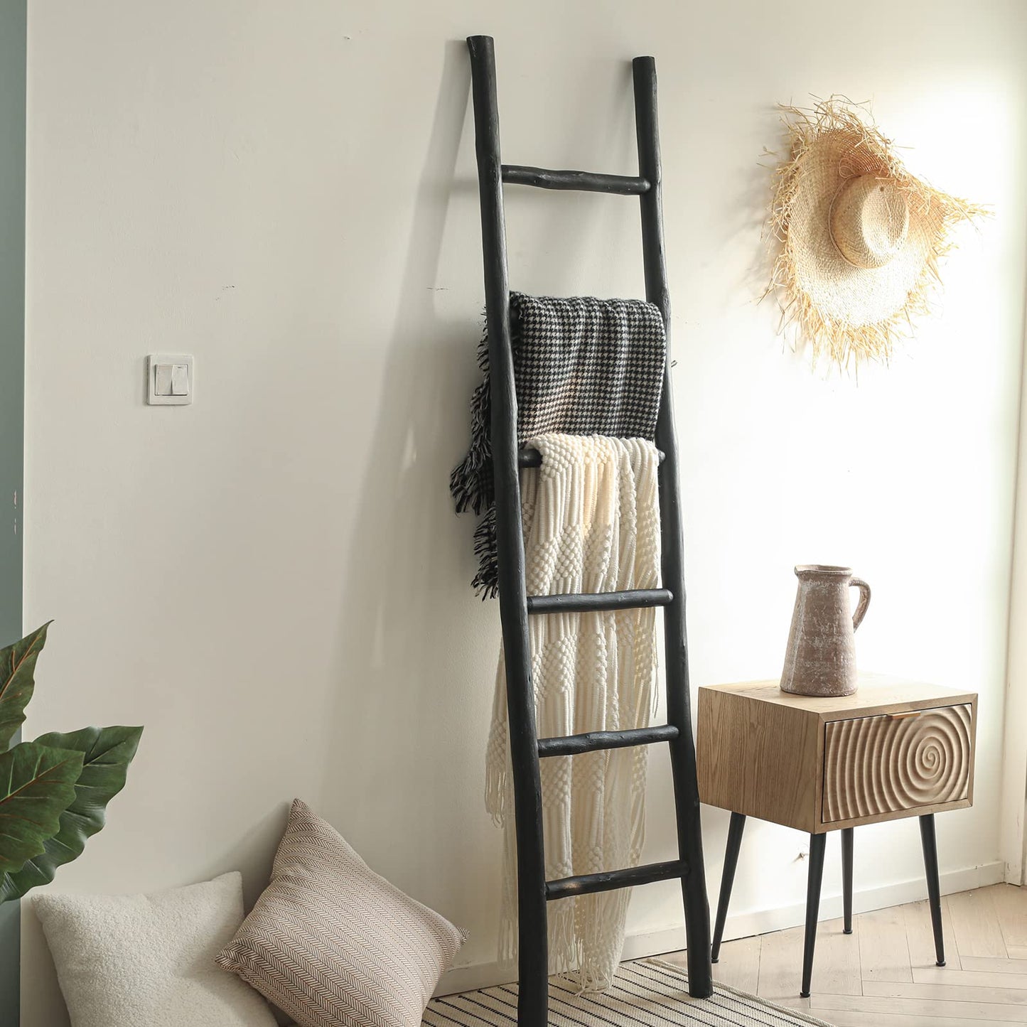 FUIN Fully Assembled 57in Wood Blanket Ladder Living Room Decorative Wall Leaning Farmhouse Quilt Display Holder Rustic Wooden Towel Rack for Bathroom, Unfinished
