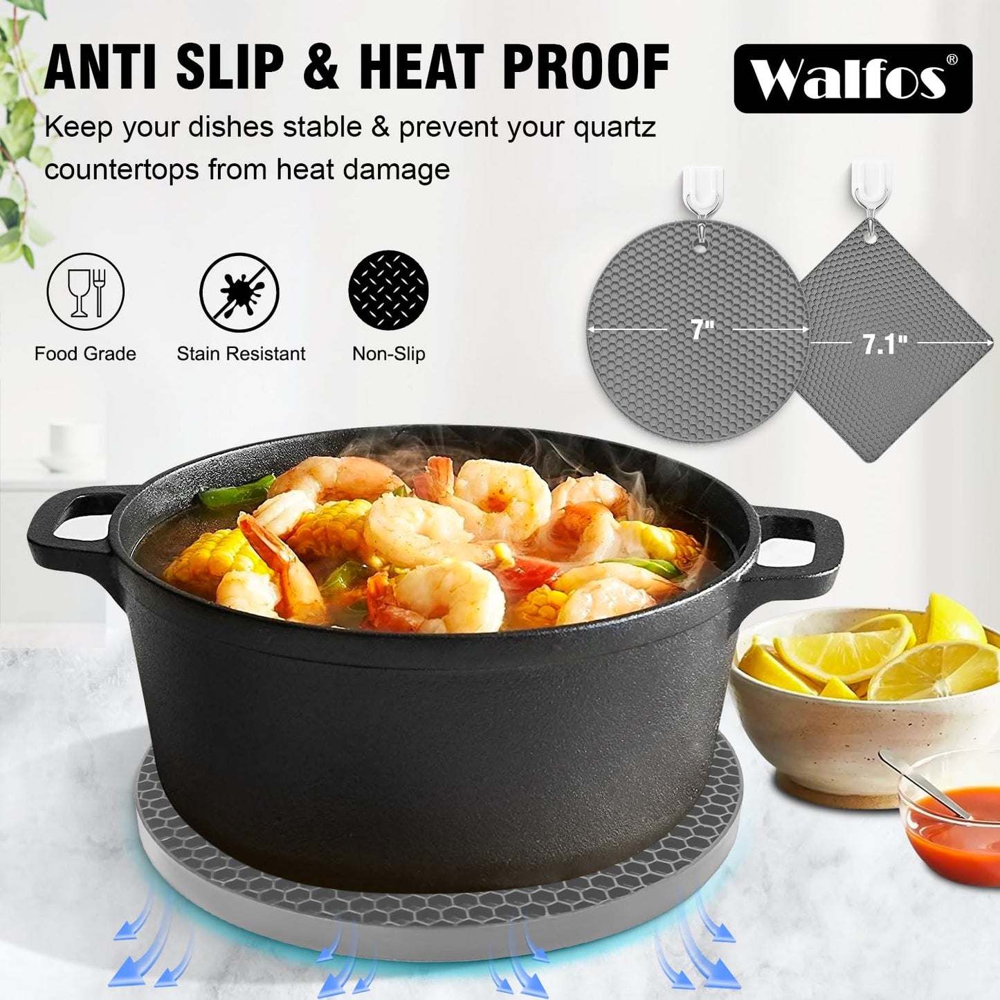 Walfos Silicone Trivet Mats - 4 Heat Resistant Pot Holders, Multipurpose Non-Slip Hot Pads for Kitchen Potholders, Hot Dishers, Jar Opener, Spoon Holder, Food Grade Silicone & BPA Free (Black)