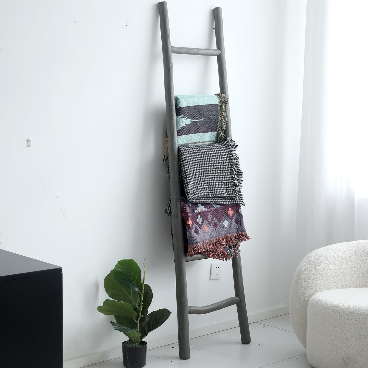 FUIN Fully Assembled 57in Wood Blanket Ladder Living Room Decorative Wall Leaning Farmhouse Quilt Display Holder Rustic Wooden Towel Rack for Bathroom, Unfinished