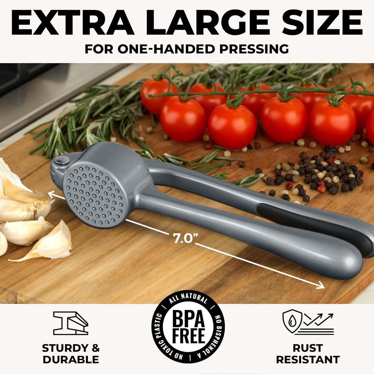 Zulay Kitchen Premium Garlic Press Set - Rust Proof & Dishwasher Safe Professional Garlic Mincer Tool - Easy-Squeeze, Easy-Clean with Soft, Ergonomic Handle - Silicone Garlic Peeler & Brush (Silver)
