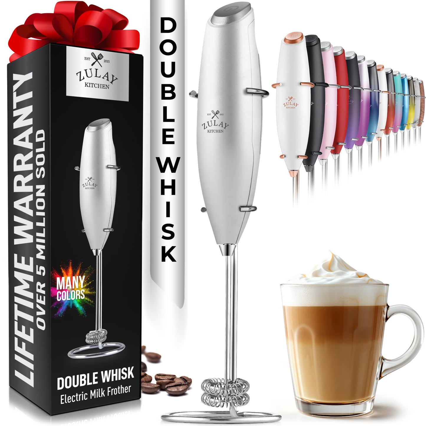 Zulay Double Whisk Milk Frother Handheld Mixer - High Powered Frother For Coffee With Improved Motor - Milk Frother Electric Whisk Drink Mixer For Cappuccino, Frappe, Matcha, Twin Whisk - Black/Copper