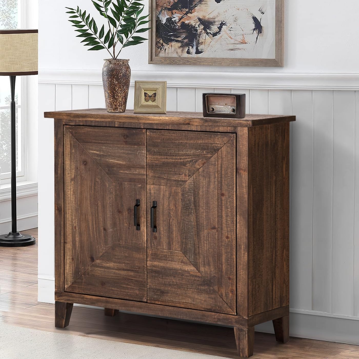 MFSTUDIO Accent Storage Cabinet with 2 Doors, Distressed Storage Cabinet Buffet Sideboard Display Cabinet with Metal Church Window Door for Entryway Living Room Kitchen, Black