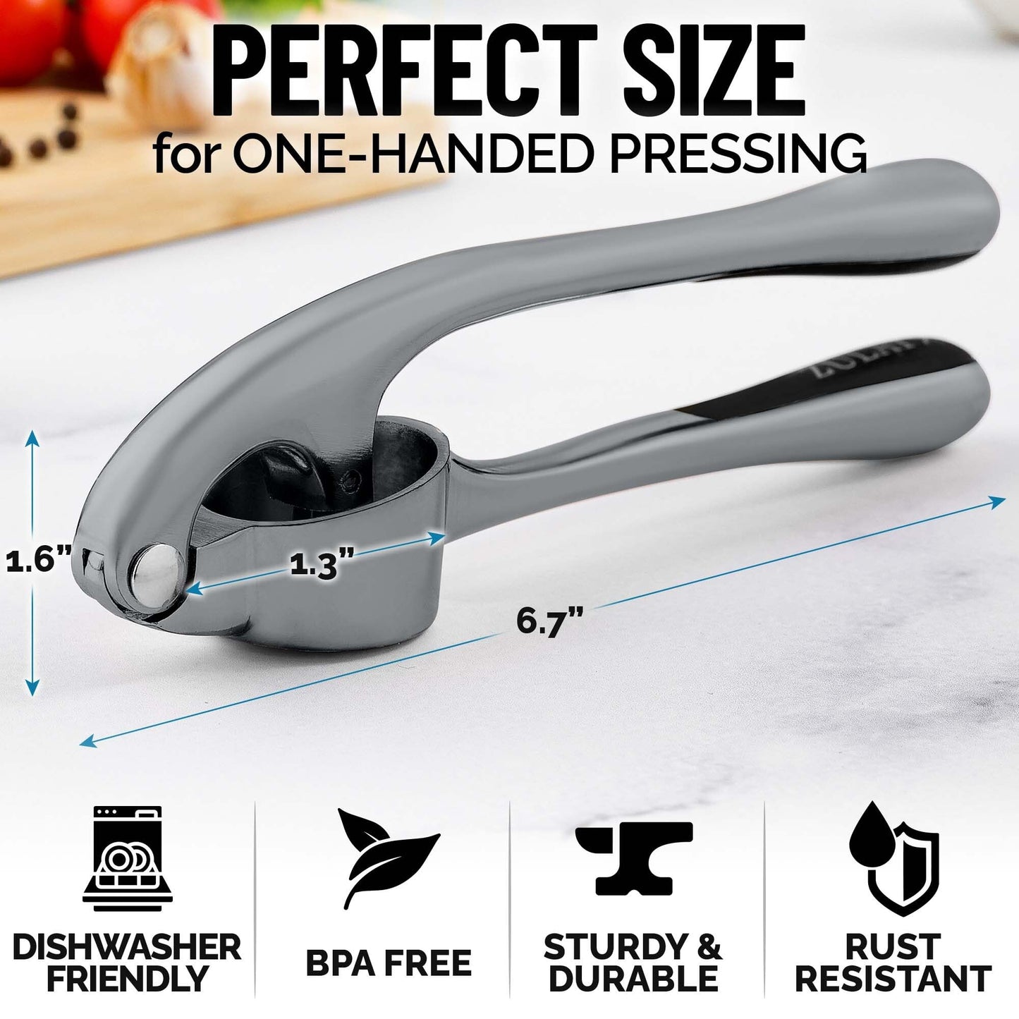 Zulay Kitchen Premium Garlic Press Set - Rust Proof & Dishwasher Safe Professional Garlic Mincer Tool - Easy-Squeeze, Easy-Clean with Soft, Ergonomic Handle - Silicone Garlic Peeler & Brush (Silver)