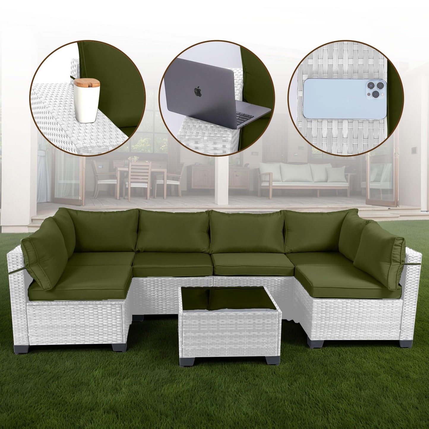 LEVELEVE 7 Pieces Outdoor Patio Furniture Sets,Rattan Conversation Sectional Set,Manual Weaving Wicker Patio Sofa with Tea Table