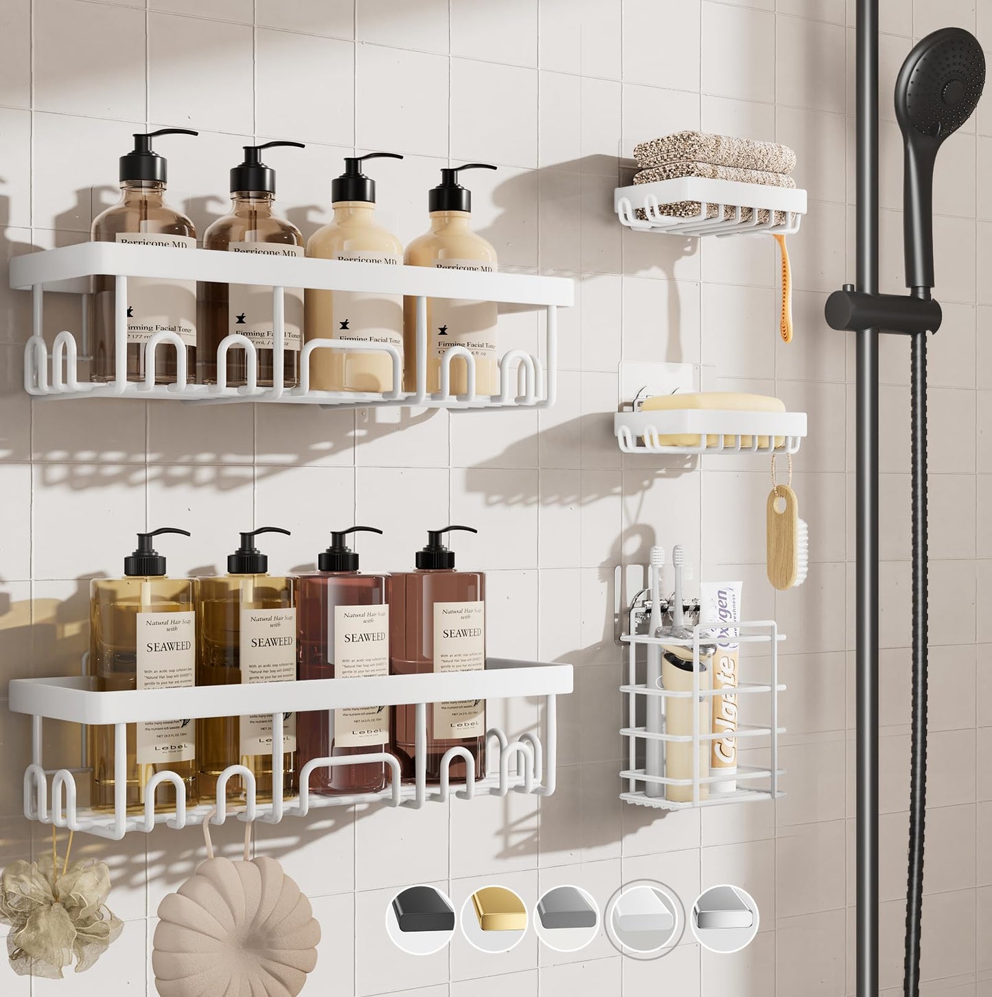 Veken Stainless Steel Shower Caddy 6-Pack, No Drilling & Rustproof, Waterproof Adhesive Shelves Rack with Soap Holder, Large Capacity Bathroom Organizers and Storage, Wall-Mounted Kitchen & Home Decor