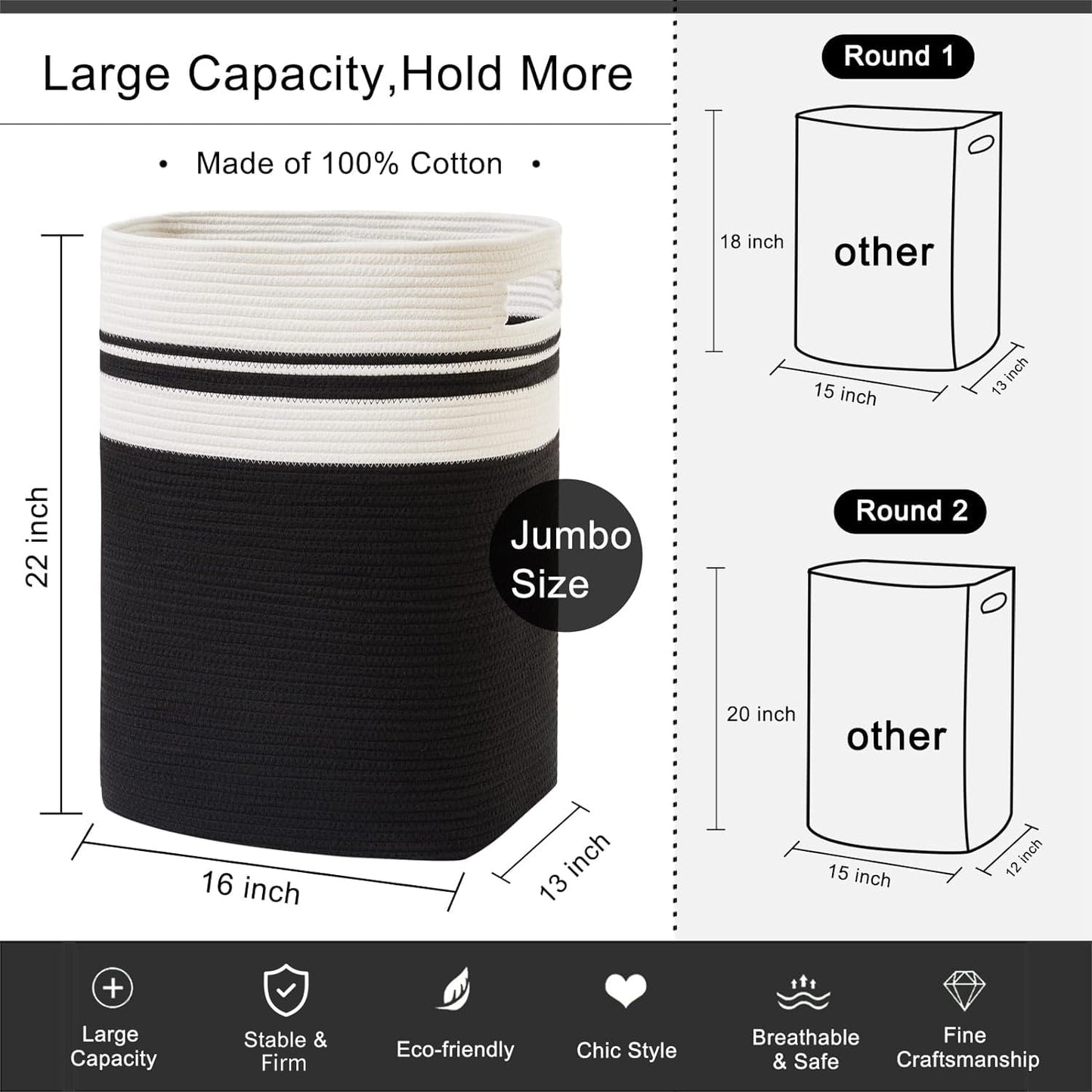 OIAHOMY Laundry Hamper-Laundry Basket,Tall Cotton Storage Basket with Handles,Decorative Blanket Basket for Living room,Collapsible Large Basket for Toys,Pillows,Clothes-16x13x22in-Yellow variegated