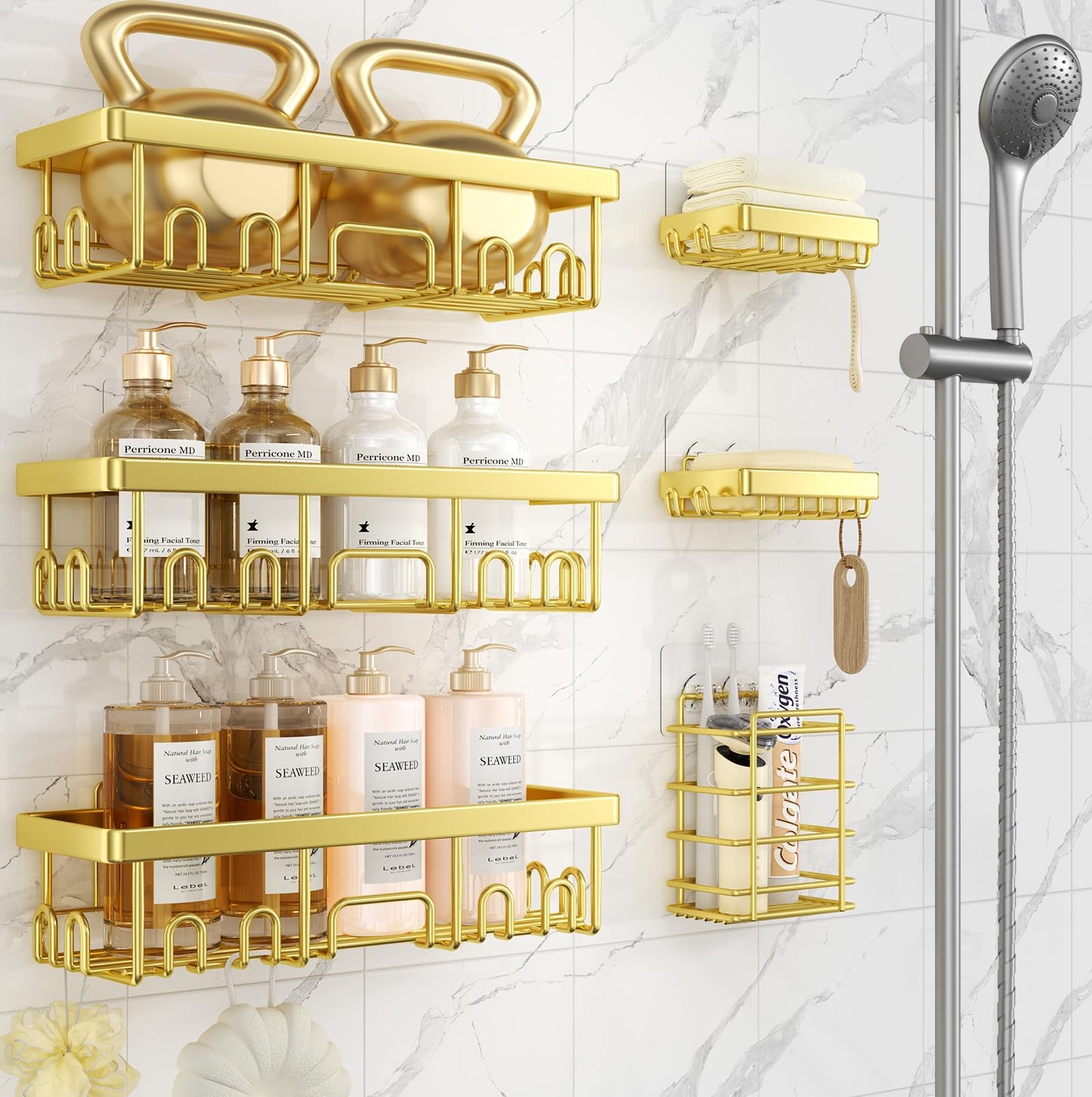 Veken Stainless Steel Shower Caddy 6-Pack, No Drilling & Rustproof, Waterproof Adhesive Shelves Rack with Soap Holder, Large Capacity Bathroom Organizers and Storage, Wall-Mounted Kitchen & Home Decor