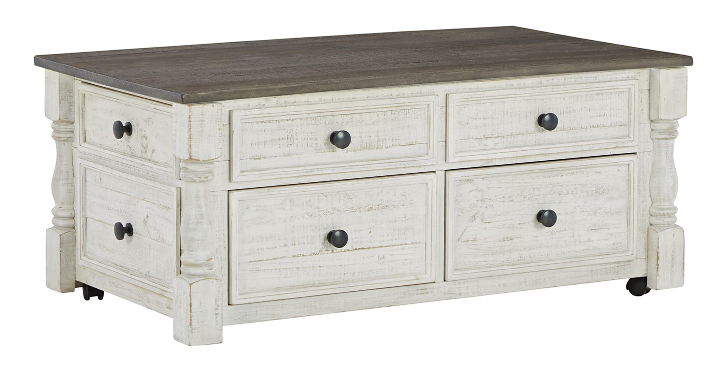Signature Design by Ashley Havalance Farmhouse Lift Top Coffee Table with Fixed Shelf and 2 Hidden Storage Trays, Gray & White with Weathered Finish