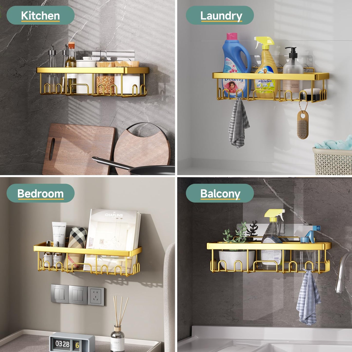 Veken Stainless Steel Shower Caddy 6-Pack, No Drilling & Rustproof, Waterproof Adhesive Shelves Rack with Soap Holder, Large Capacity Bathroom Organizers and Storage, Wall-Mounted Kitchen & Home Decor