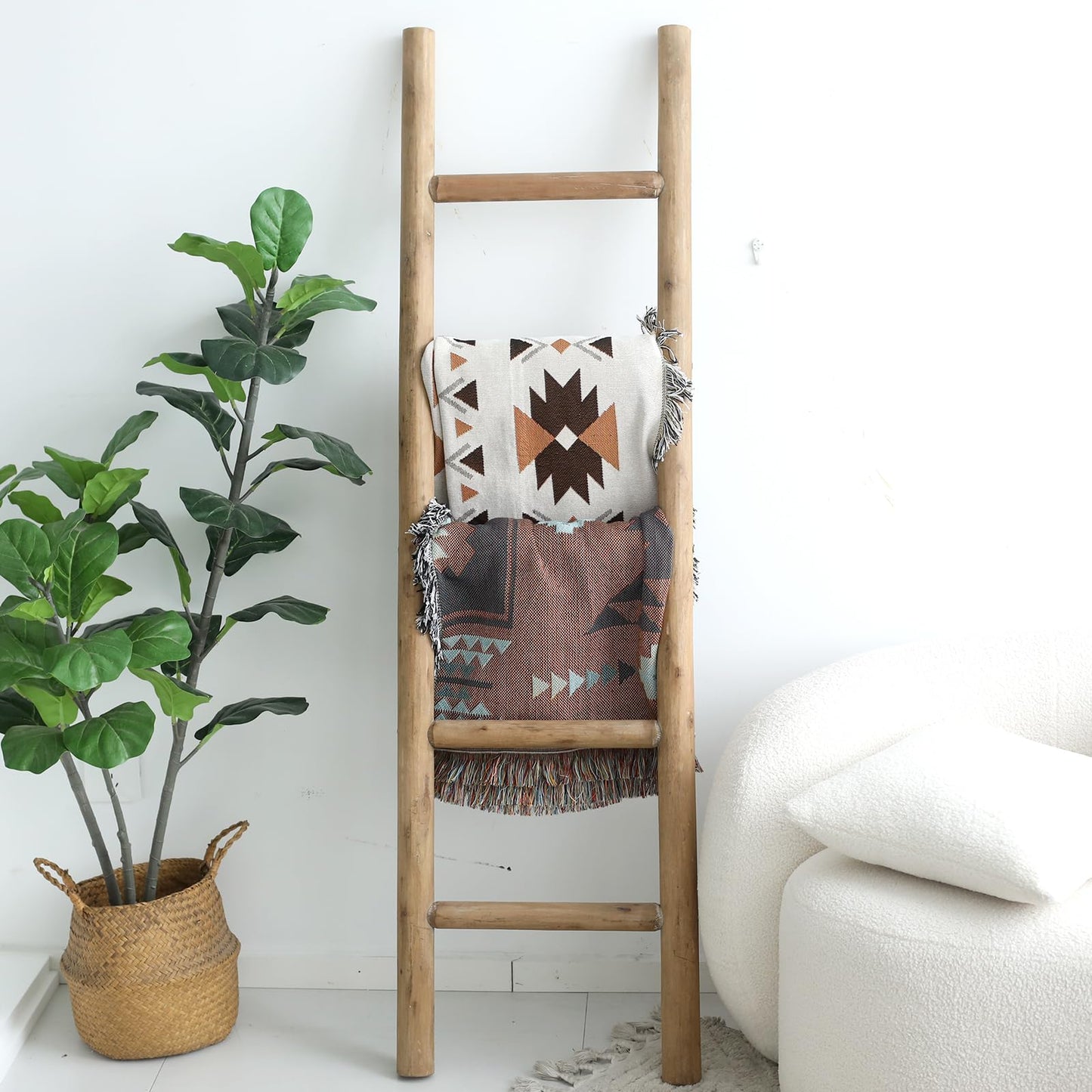 FUIN Fully Assembled 57in Wood Blanket Ladder Living Room Decorative Wall Leaning Farmhouse Quilt Display Holder Rustic Wooden Towel Rack for Bathroom, Unfinished