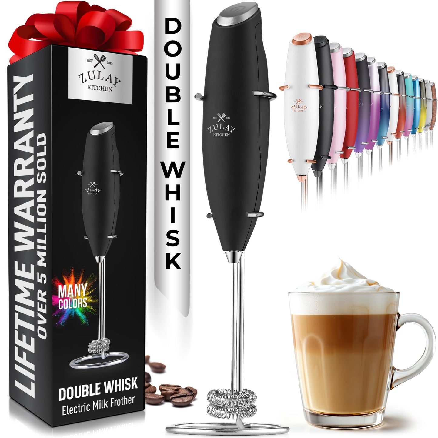 Zulay Double Whisk Milk Frother Handheld Mixer - High Powered Frother For Coffee With Improved Motor - Milk Frother Electric Whisk Drink Mixer For Cappuccino, Frappe, Matcha, Twin Whisk - Black/Copper