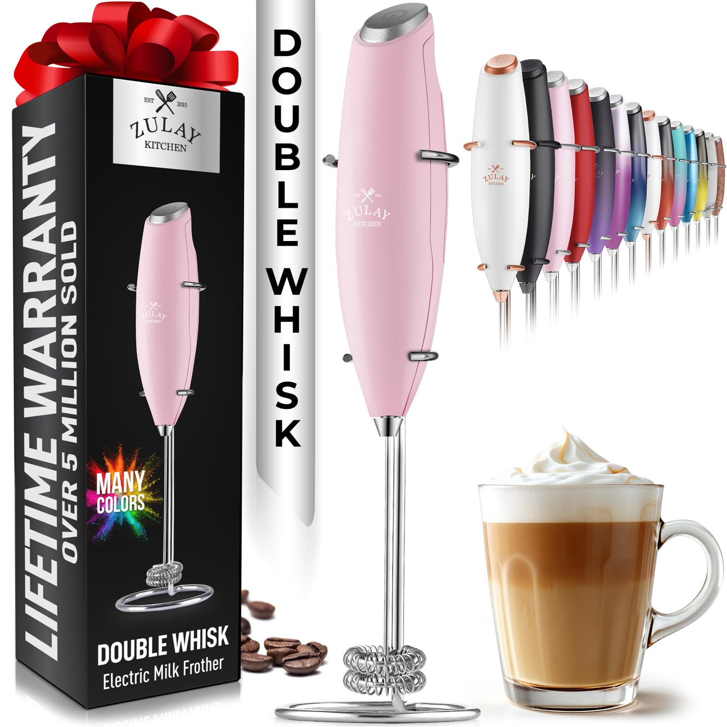 Zulay Double Whisk Milk Frother Handheld Mixer - High Powered Frother For Coffee With Improved Motor - Milk Frother Electric Whisk Drink Mixer For Cappuccino, Frappe, Matcha, Twin Whisk - Black/Copper