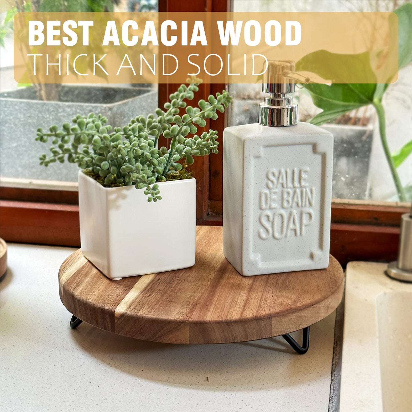 Decorative Round Wood Riser for Display,Pedestal Tray for Home or Kitchen and Bathroom Countertop Organizer,Farmhouse Kitchen Counter Decor Tray. (12-inch)