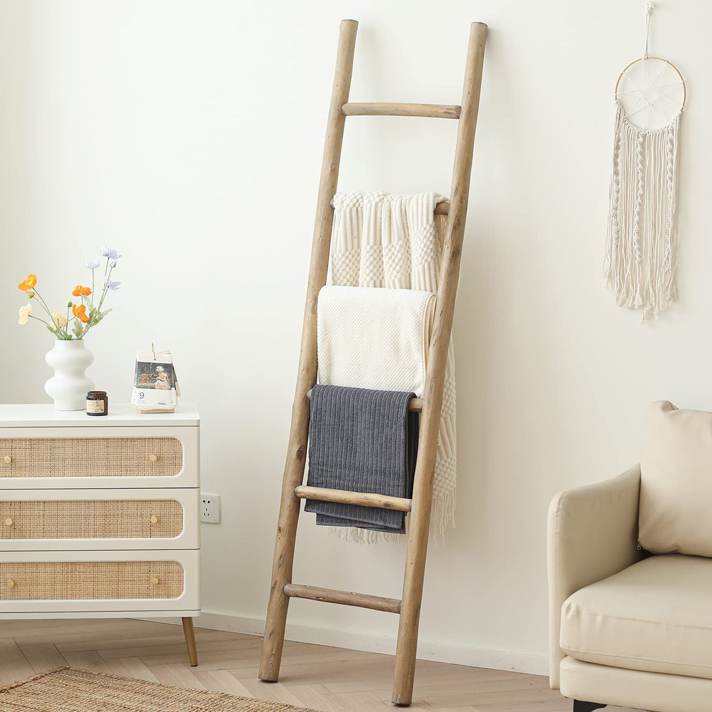 FUIN Fully Assembled 57in Wood Blanket Ladder Living Room Decorative Wall Leaning Farmhouse Quilt Display Holder Rustic Wooden Towel Rack for Bathroom, Unfinished