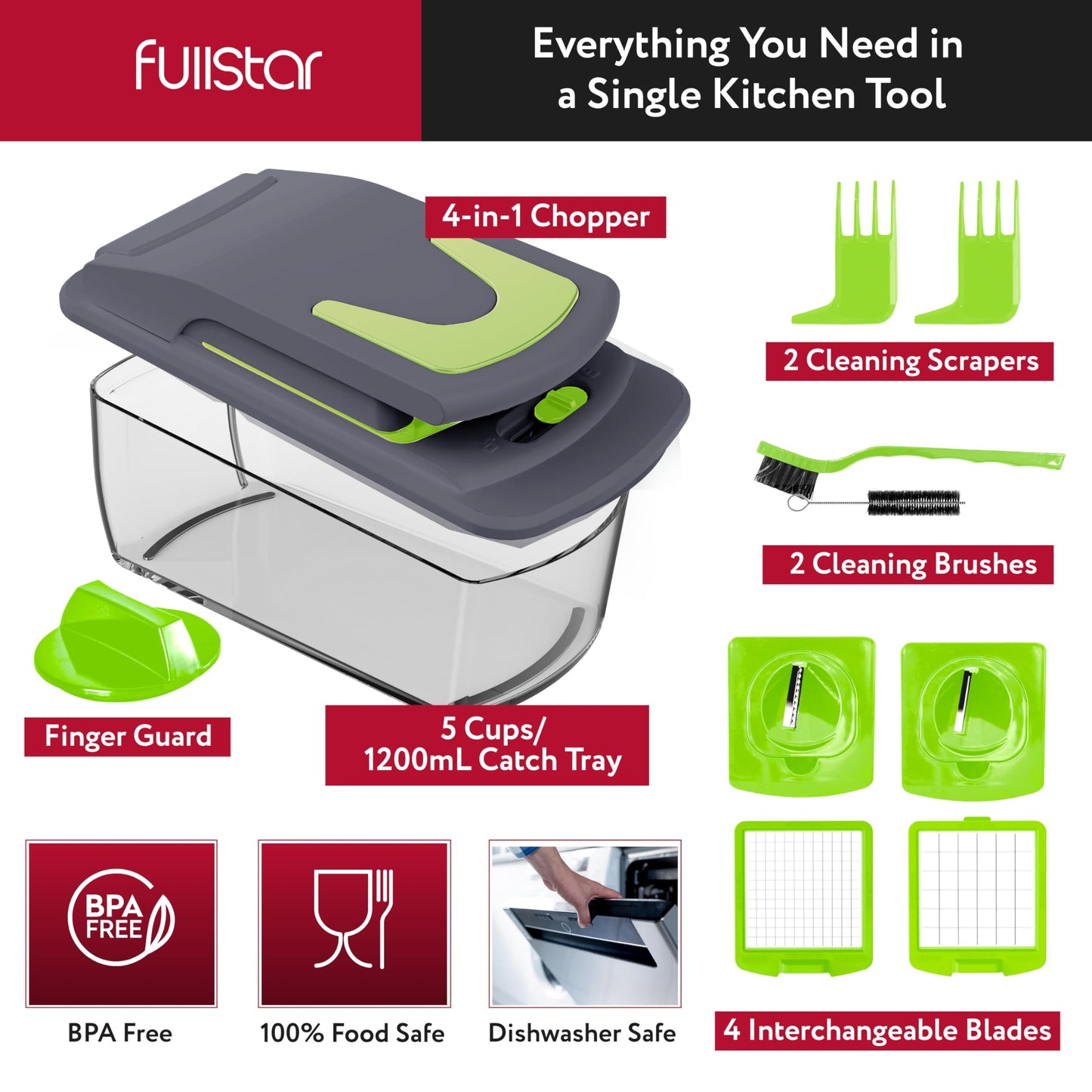 Fullstar Vegetable Chopper and Spiralizer - Food Chopper with Container, Fruit Slicer, Kitchen Gadgets & Accessories, Home Essentials (4 in 1, White)