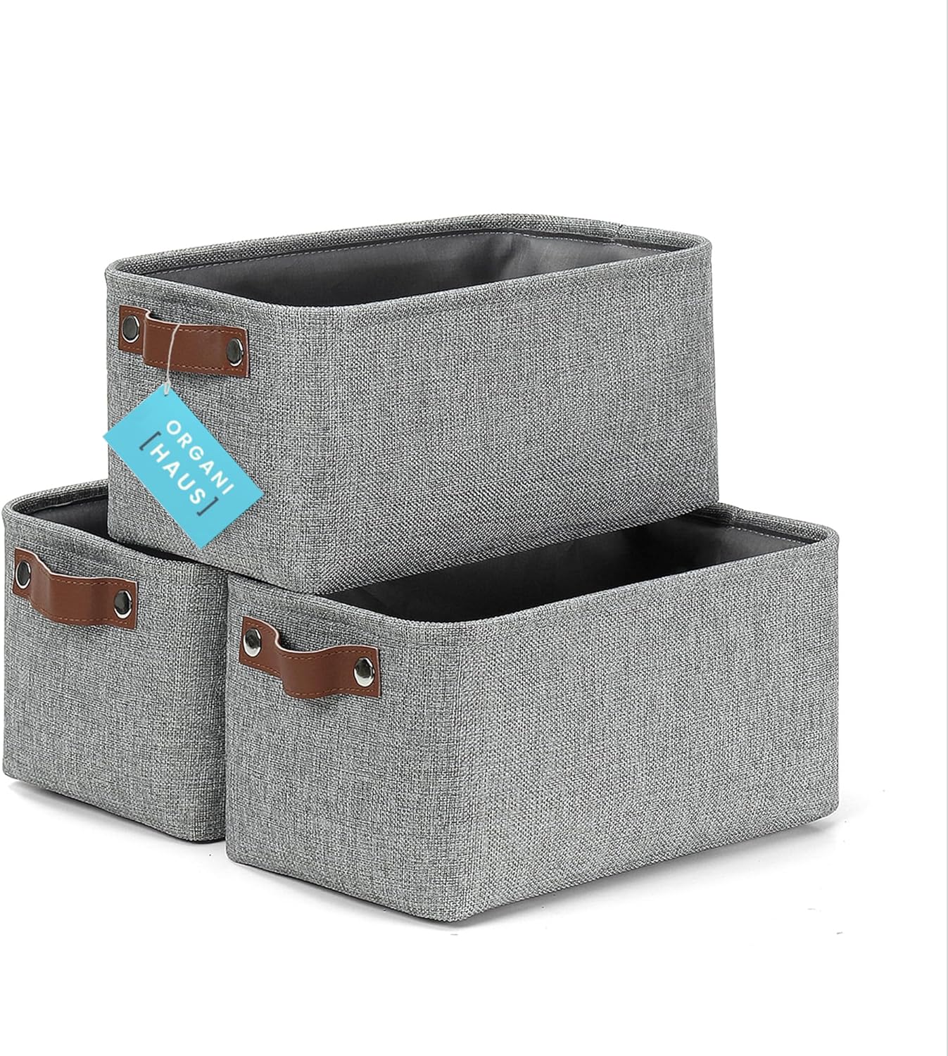 OrganiHaus Small Fabric Storage Baskets for Shelves 3 Pack, 12x8in Closet Storage Bins for Shelves, Cloth Baskets for Organizing, Linen Closet Organizers, Fabric Basket, Beige/White