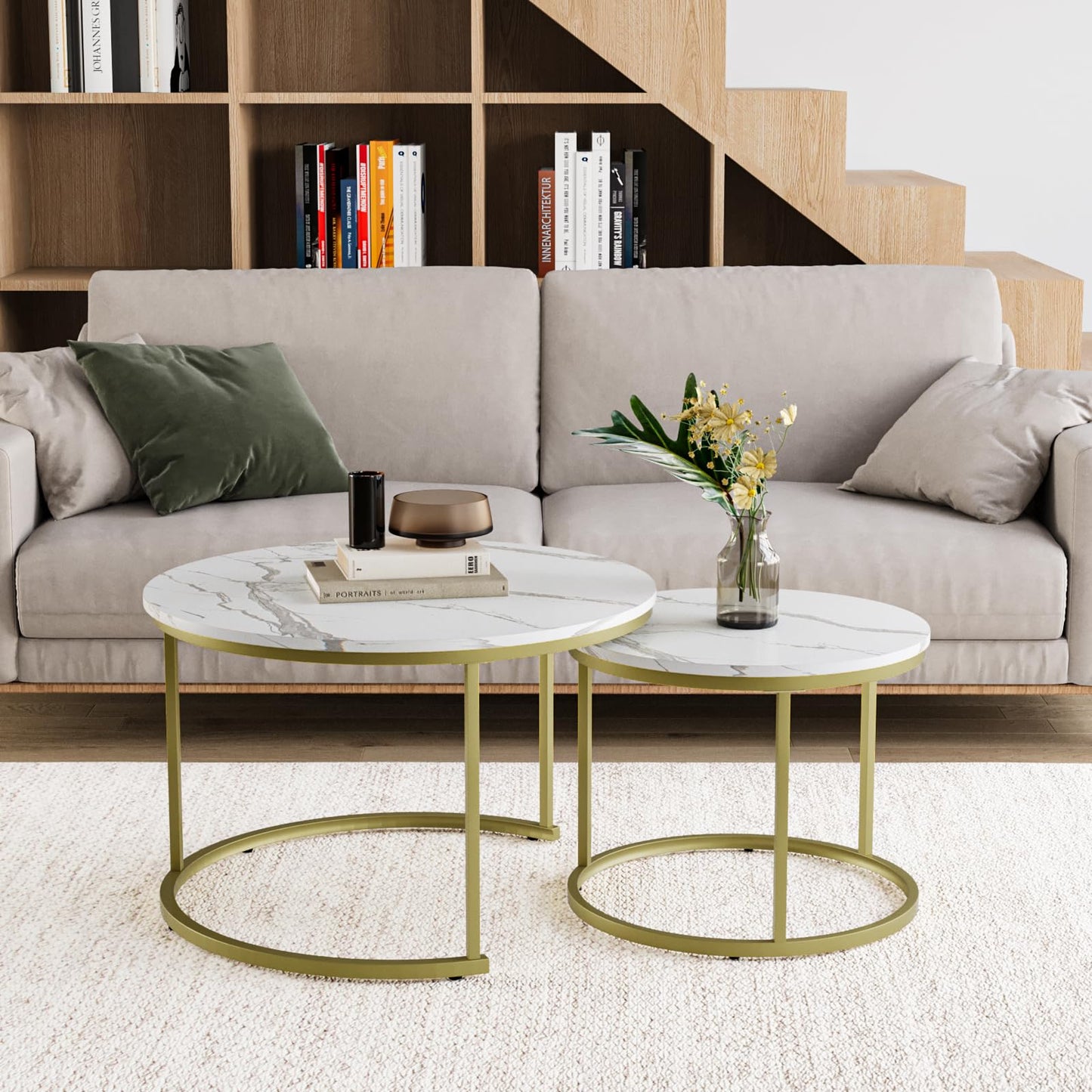 Smuxee Nesting Coffee Table Set of 2, 23.6" Round Coffee Table Wood Grain Top with Adjustable Non-Slip Feet, Industrial End Table Side Tables for Living Room Bedroom Balcony Yard