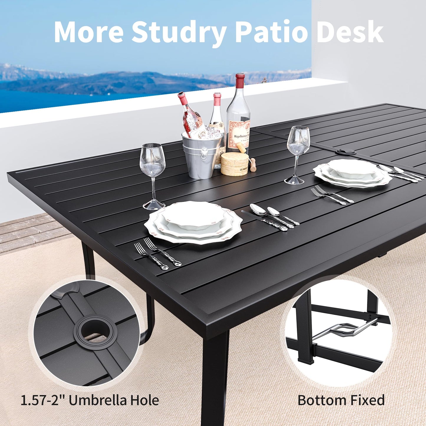 9-Piece Outdoor Patio Dining Set with 8 Swivel Rocker Chairs, Rectangular Metal Table with Umbrella Hole, 8-Person Patio Table and Chairs for Backyard, Poolside, Balcony and Garden Grey