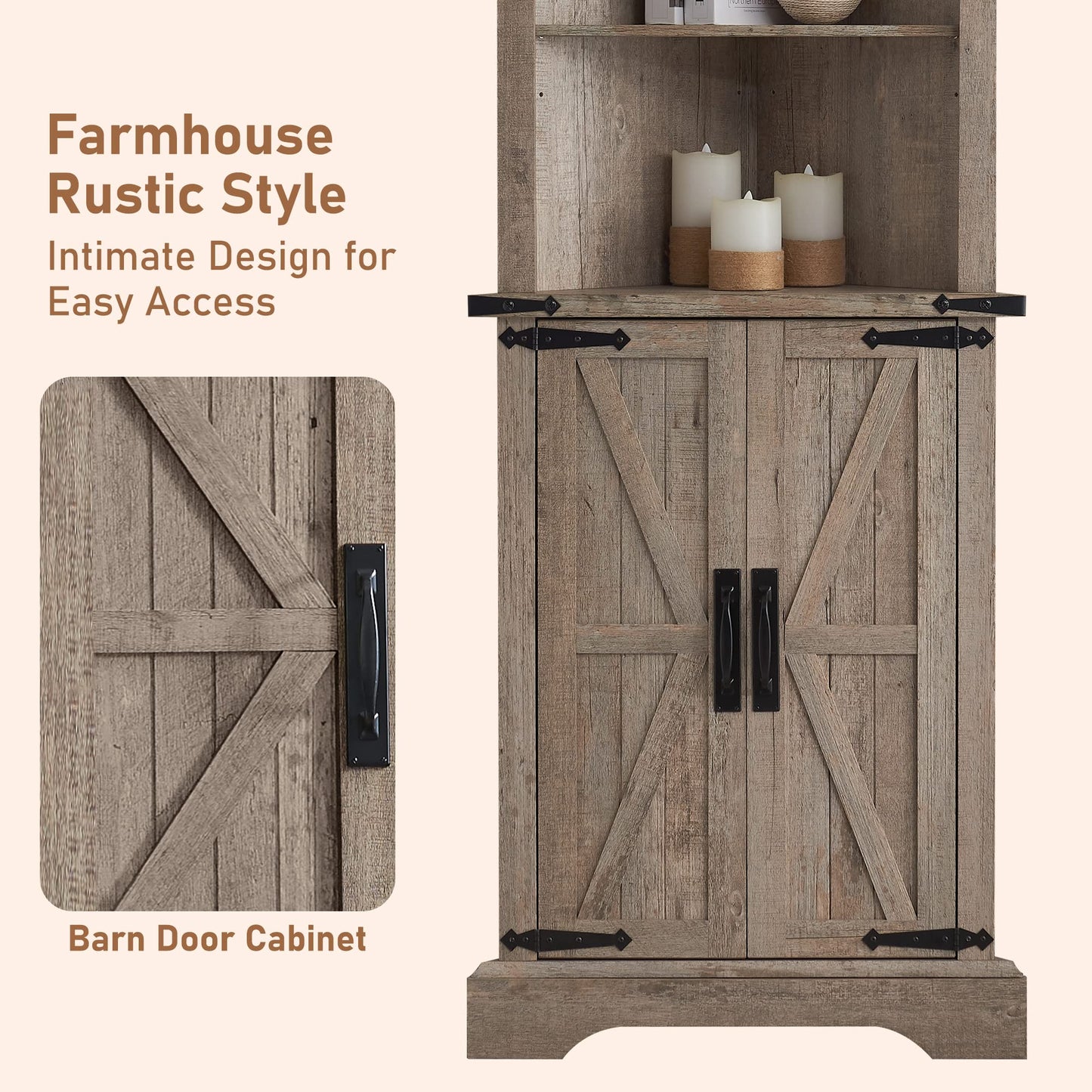 OKD Tall Corner Cabinet, Farmhouse Storage Cabinet with Barn Door Design & Adjustable Shelves, Home Space Saver for Bathroom, Living Room, Rustic Oak with Antique White