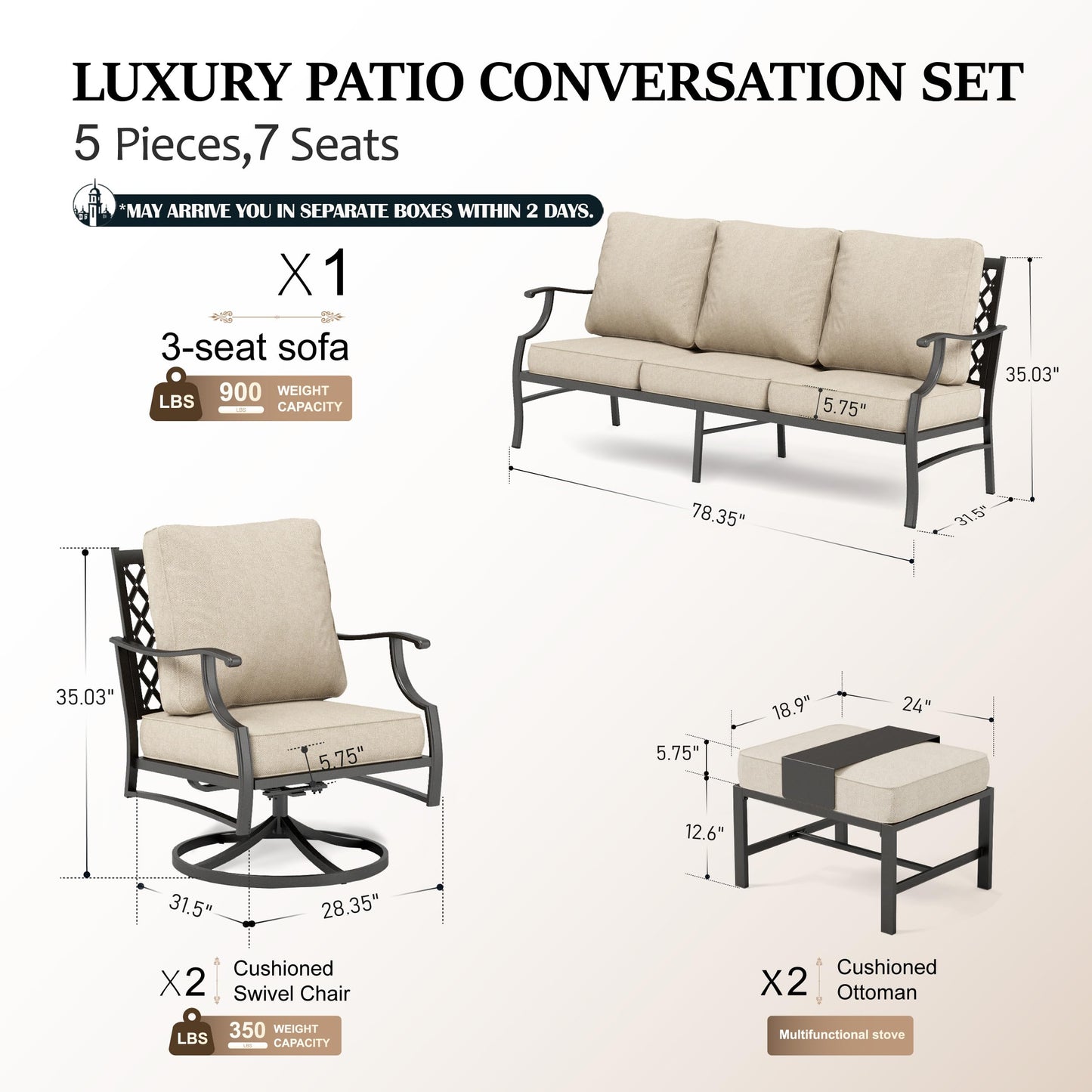 HERA'S HOUSE 7 Piece Patio Furniture Set, 2 x Rocking Chair, 2 x Fixed Chair, 2 x Ottoman, 1 x 3-Seat Sofa, All Cushioned 9 Seats Outdoor Conversation Set for Lawn Garden Backyard
