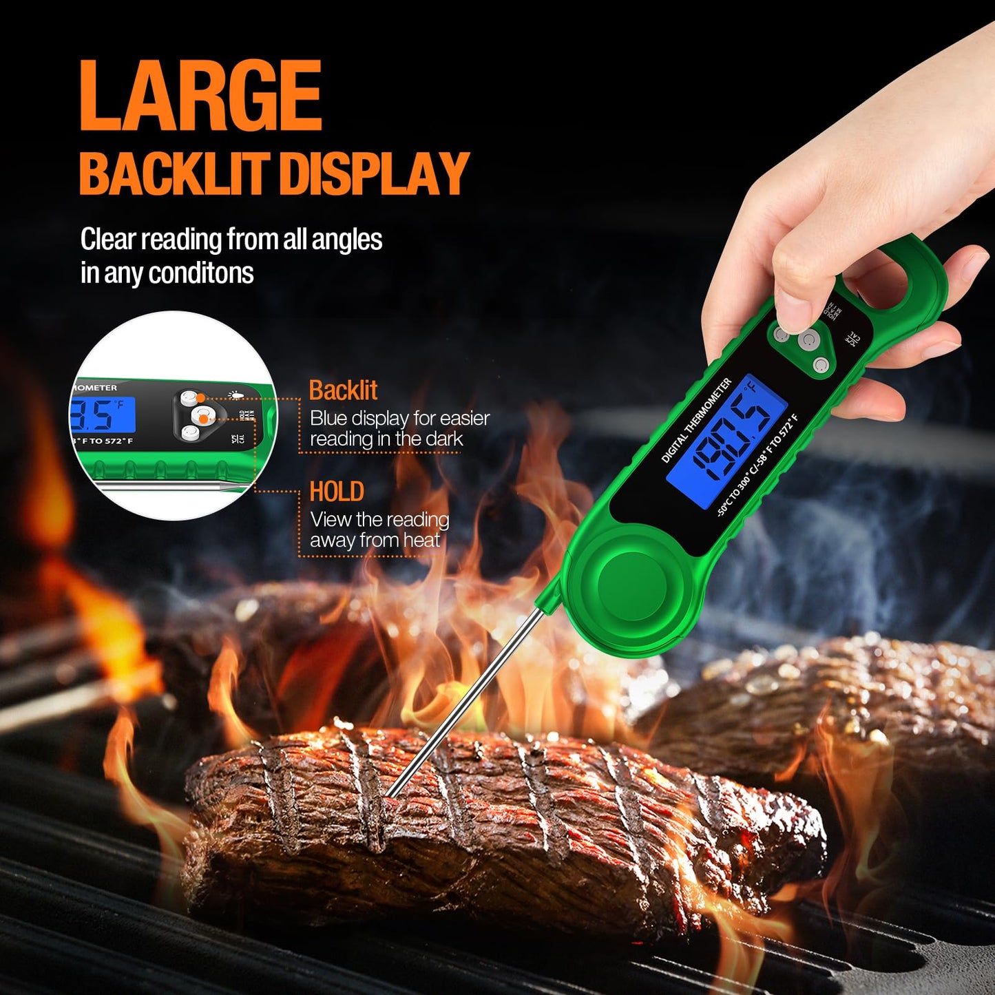 Meat Thermometer Digital, Instant Read Food Thermometer - Waterproof w/Backlight for Cooking, Candy, Deep Fry, BBQ, Grill, Smoker and Roast, Camping & Kitchen Essentials