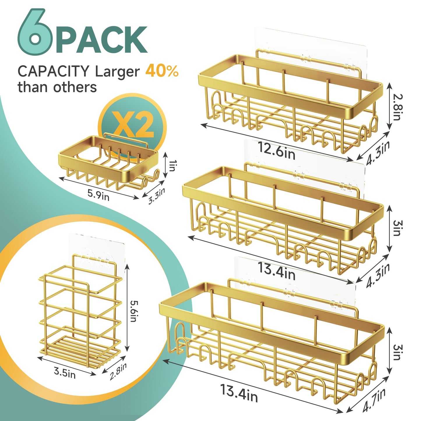 Veken Stainless Steel Shower Caddy 6-Pack, No Drilling & Rustproof, Waterproof Adhesive Shelves Rack with Soap Holder, Large Capacity Bathroom Organizers and Storage, Wall-Mounted Kitchen & Home Decor