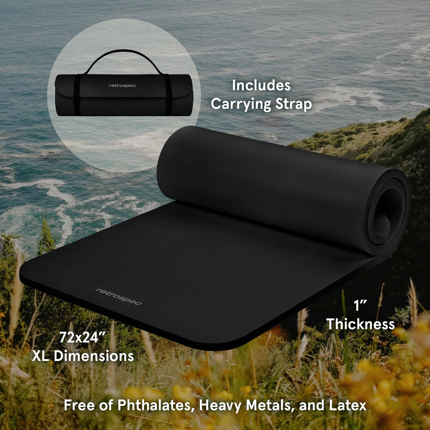 Retrospec Solana Yoga Mat 1" Thick With Nylon Carry Strap for Men & Women - Non Slip Exercise Mat for Home Yoga, Pilates, Stretching, Floor & Fitness Workouts