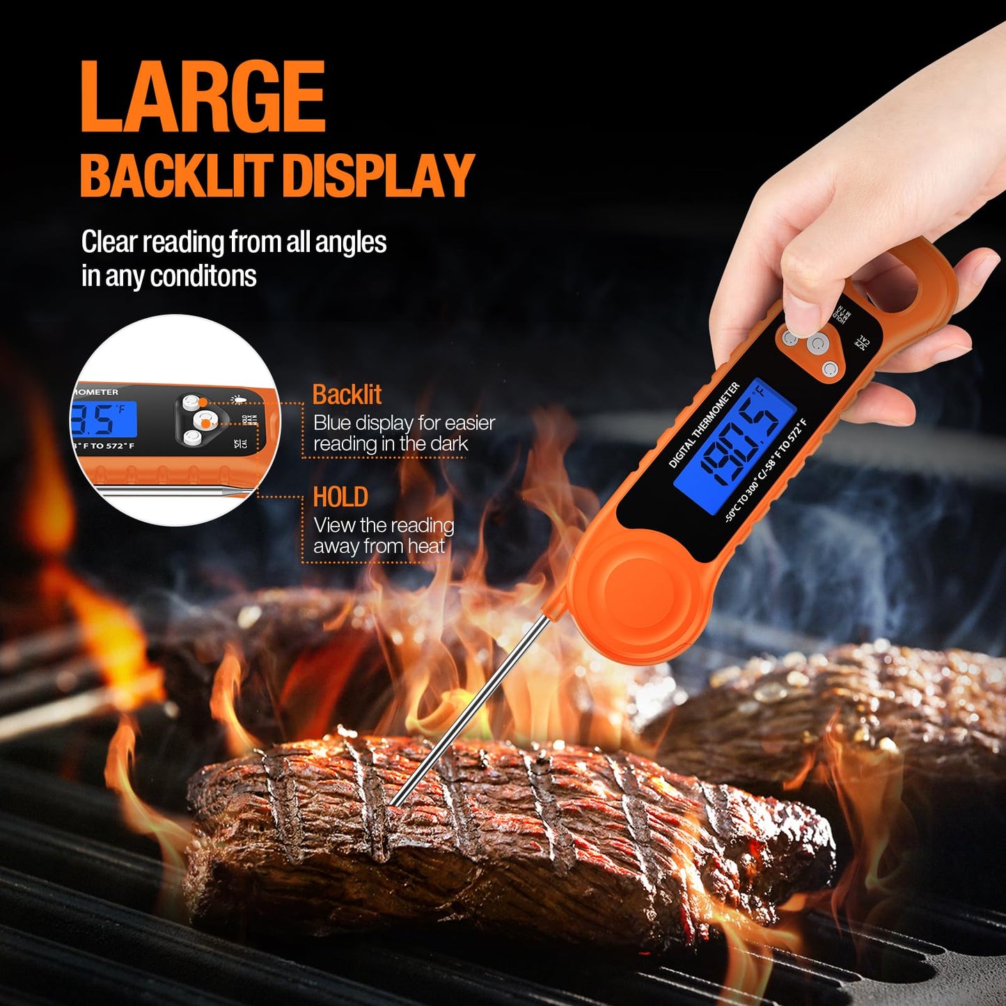 Meat Thermometer Digital, Instant Read Food Thermometer - Waterproof w/Backlight for Cooking, Candy, Deep Fry, BBQ, Grill, Smoker and Roast, Camping & Kitchen Essentials