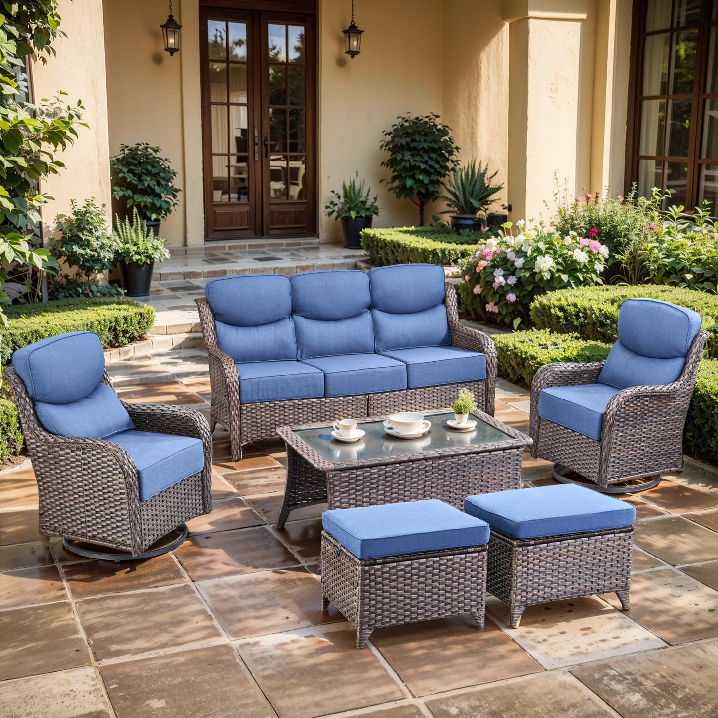 Luxury Outdoor Swivel Rocker Patio Chairs, High Back Swivel Patio Chairs with Side Table & 6-Inch Thick Cushions, Wicker Outdoor Bistro Set for Porch, Yard, Deck, Poolside, Brown/Beige