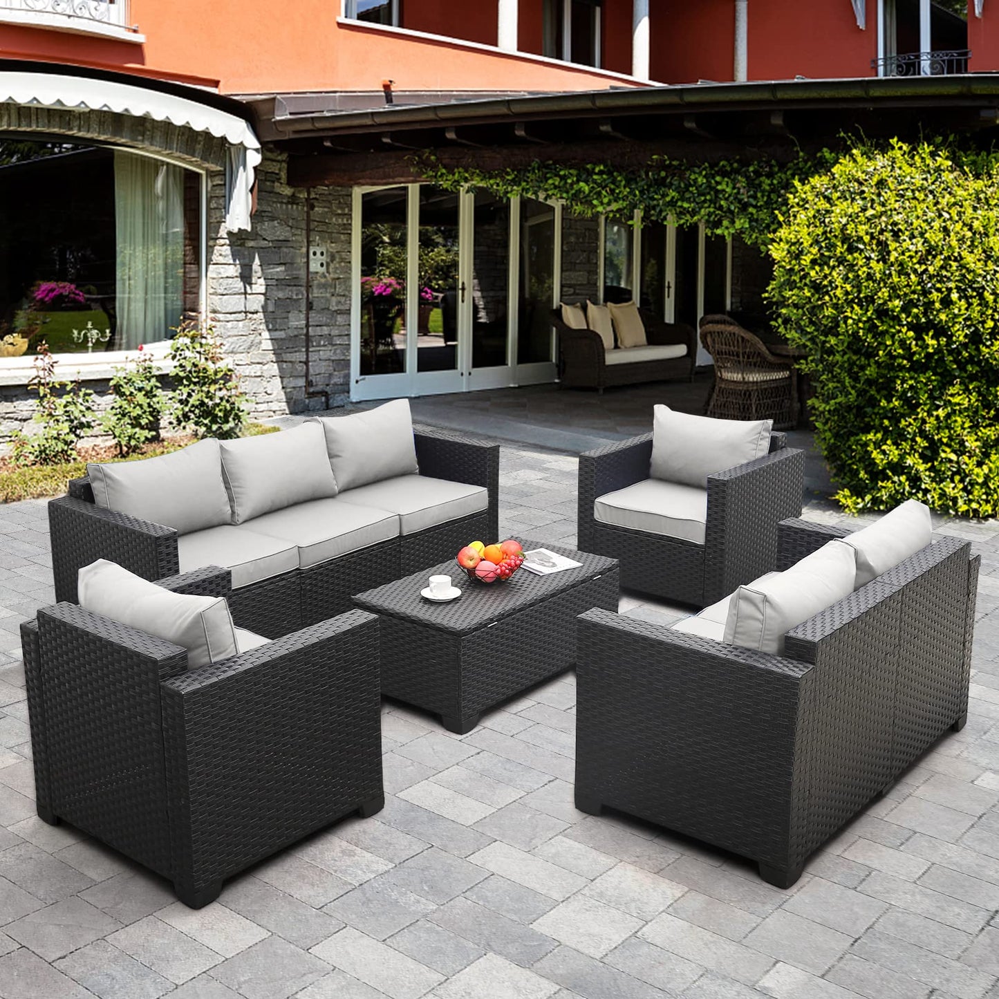Rattaner 5 Pcs Outdoor Furniture Sets Patio Furniture Set with 45" Fire Pit Patio Couch Outdoor Chairs 60000 BTU Steel Propane Fire Pit Table No-Slip Cushions and Waterproof Covers, Light Grey