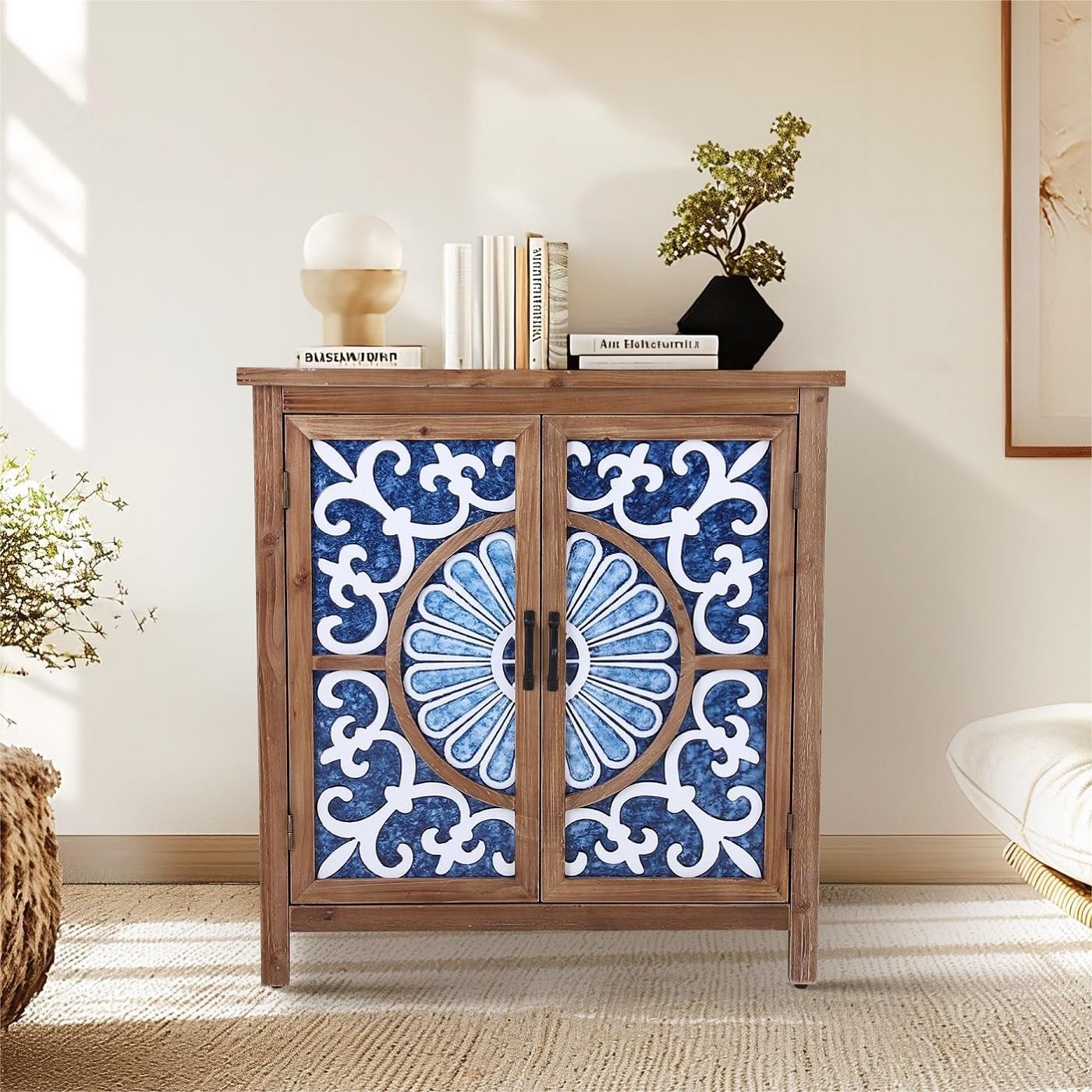 MFSTUDIO Accent Storage Cabinet with 2 Doors, Distressed Storage Cabinet Buffet Sideboard Display Cabinet with Metal Church Window Door for Entryway Living Room Kitchen, Black