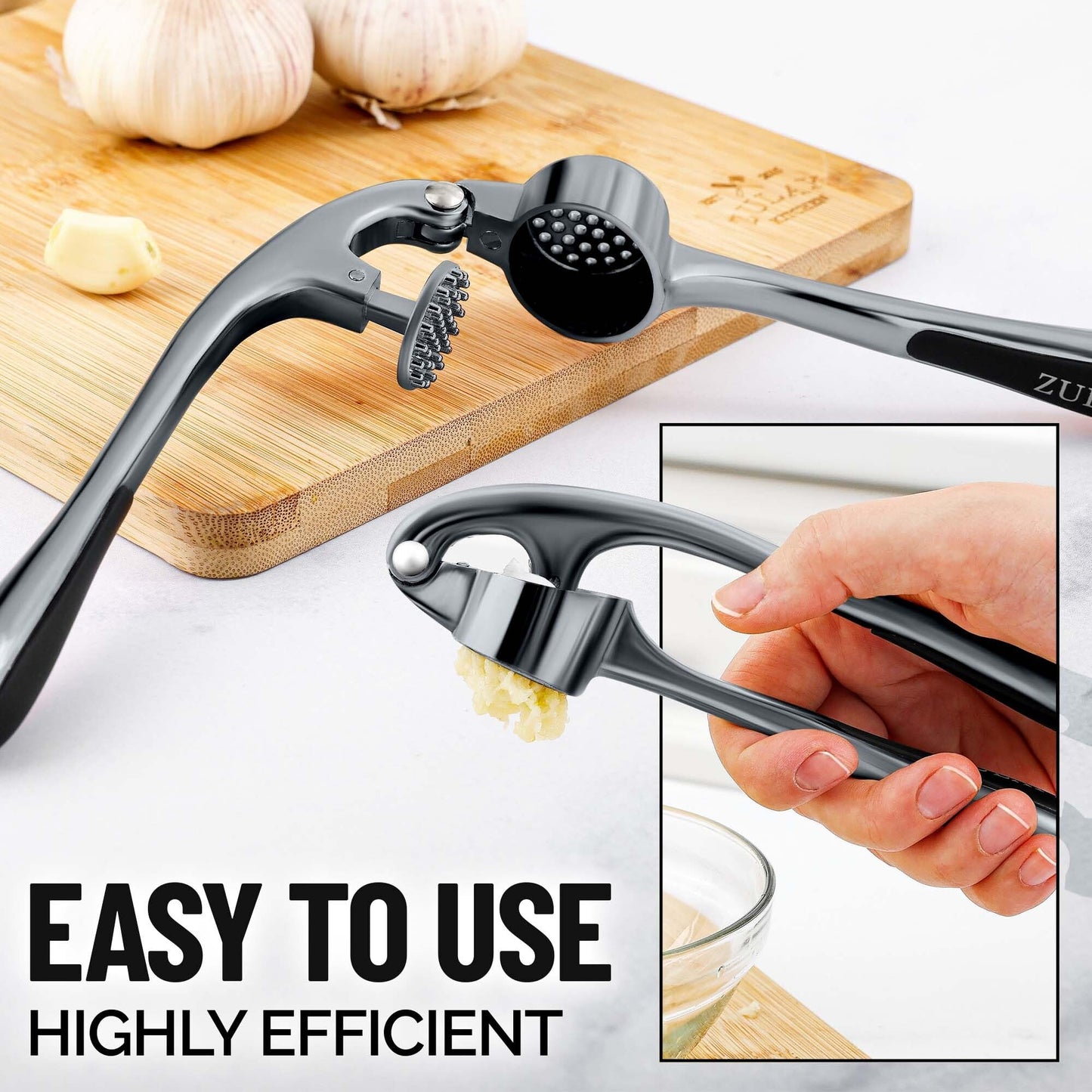 Zulay Kitchen Premium Garlic Press Set - Rust Proof & Dishwasher Safe Professional Garlic Mincer Tool - Easy-Squeeze, Easy-Clean with Soft, Ergonomic Handle - Silicone Garlic Peeler & Brush (Silver)