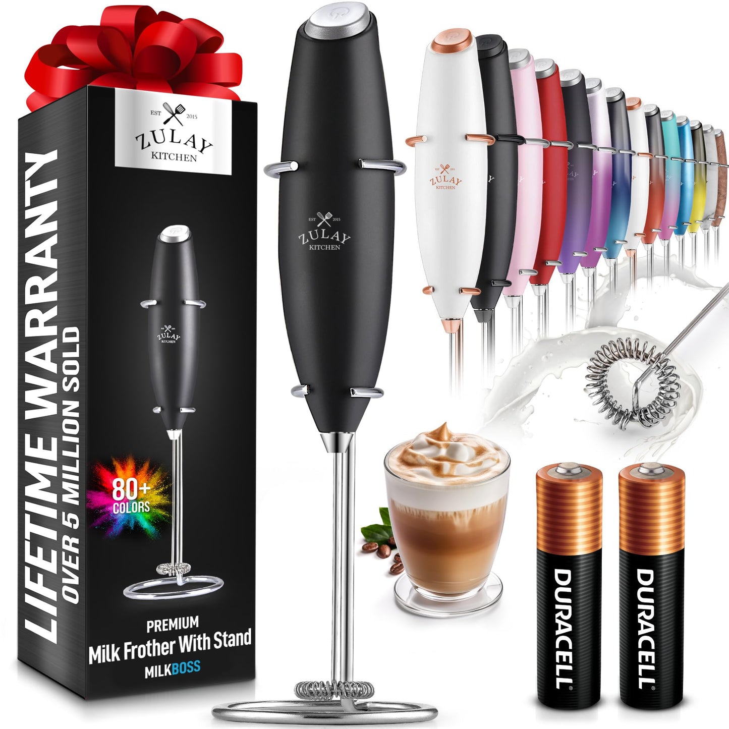 Zulay Double Whisk Milk Frother Handheld Mixer - High Powered Frother For Coffee With Improved Motor - Milk Frother Electric Whisk Drink Mixer For Cappuccino, Frappe, Matcha, Twin Whisk - Black/Copper