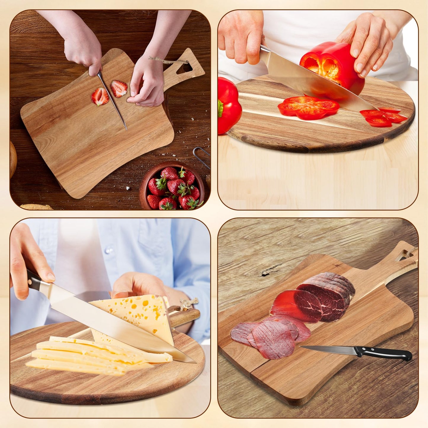 Hsei 2 Pcs Acacia Wood Cutting Board with Handle Wooden Charcuterie Board Large Paddle Carving Chopping Set Butter Serving Tray for Cheese Meat Fruit Pizza Bread Baking(Classic Handle)