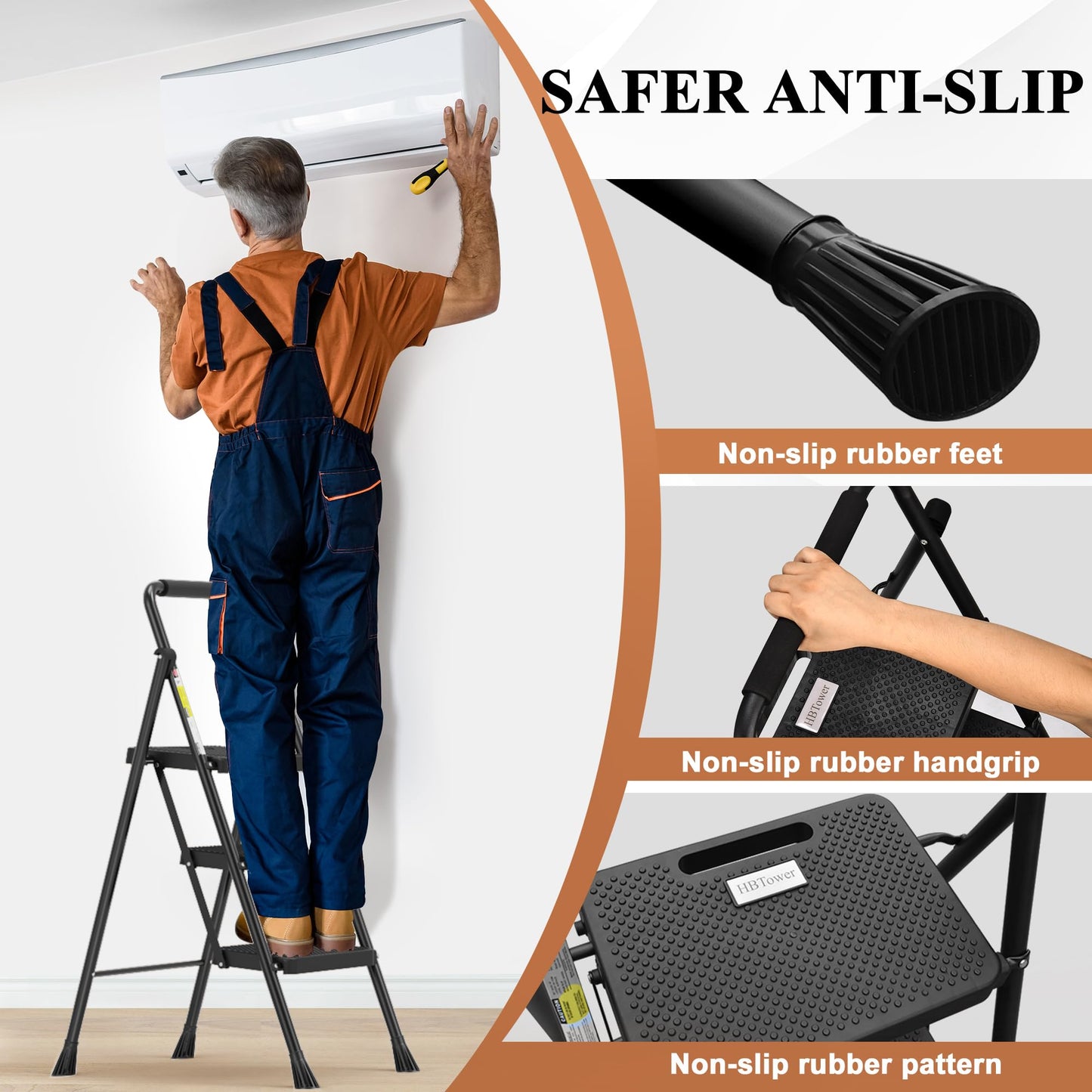 HBTower Step Ladder, Folding Step Stool with Wide Anti-Slip Pedal, Sturdy Steel Ladder, Convenient Handrail, Lightweight, Portable Steel Step Stool