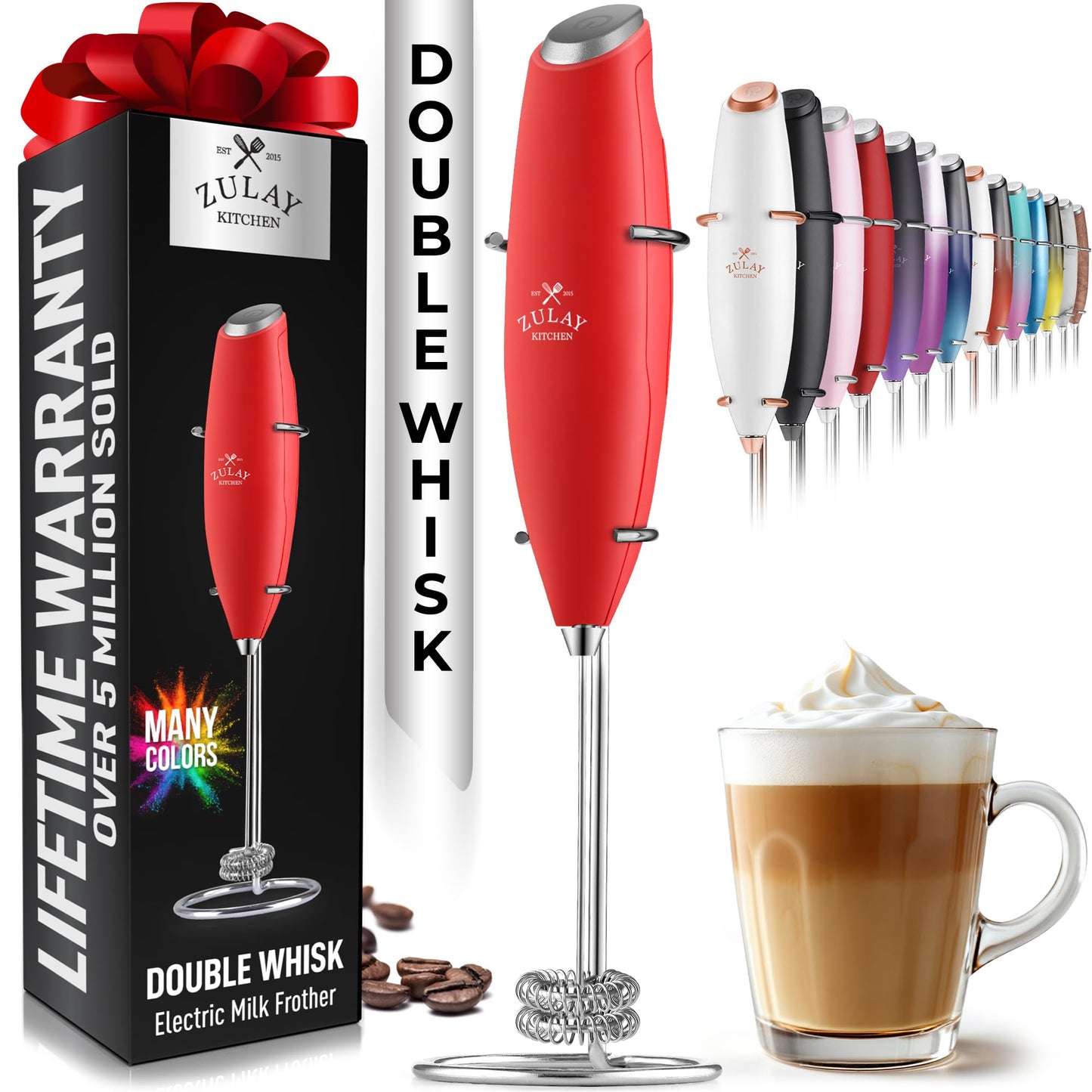 Zulay Double Whisk Milk Frother Handheld Mixer - High Powered Frother For Coffee With Improved Motor - Milk Frother Electric Whisk Drink Mixer For Cappuccino, Frappe, Matcha, Twin Whisk - Black/Copper